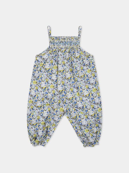Salopette celeste per neonata con stampa floreale,Bonpoint,S04XPAW00007 515