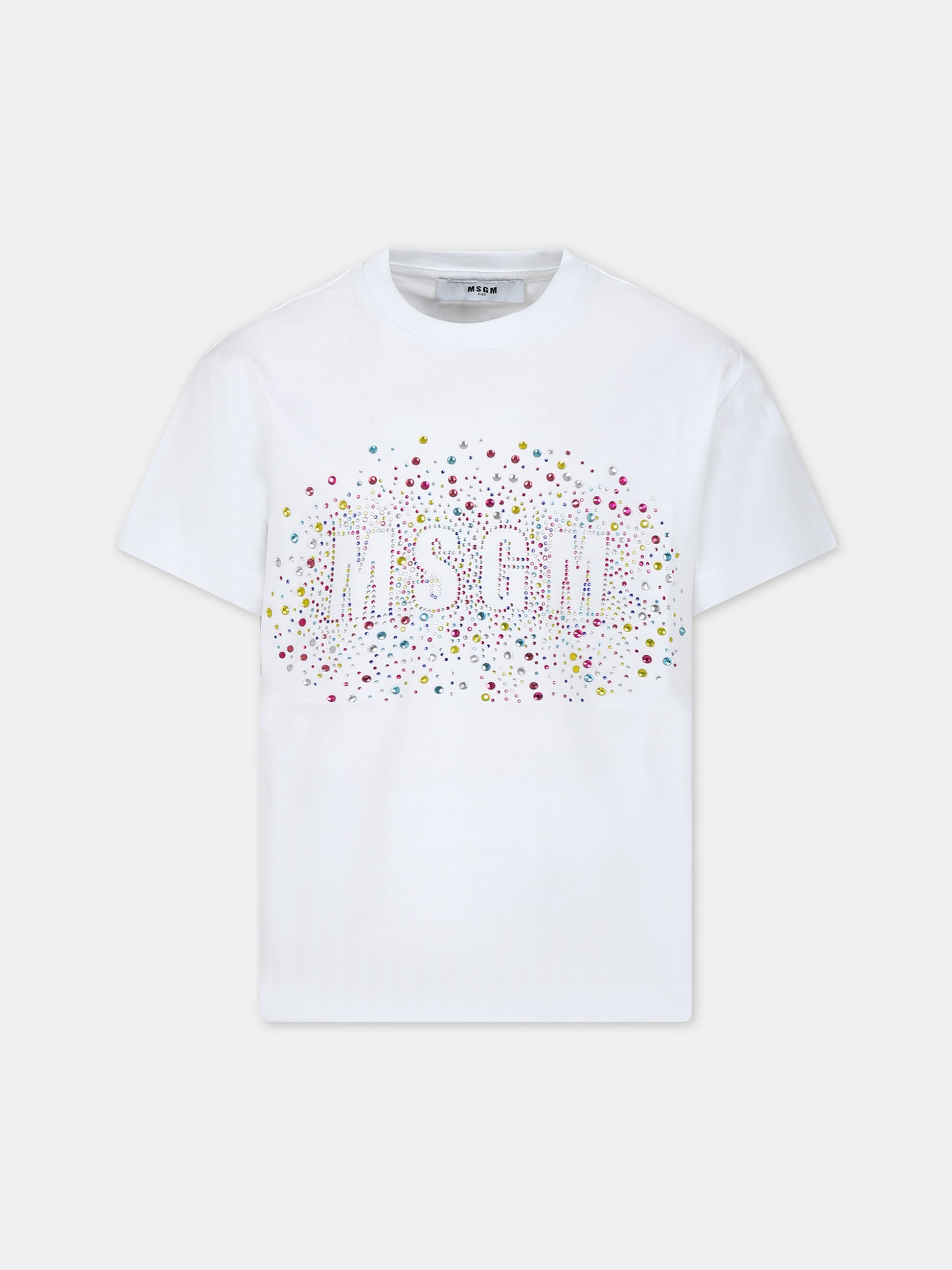 T-shirt bianca per bambina con logo e strass,Msgm Kids,S4MSJGTH152 001