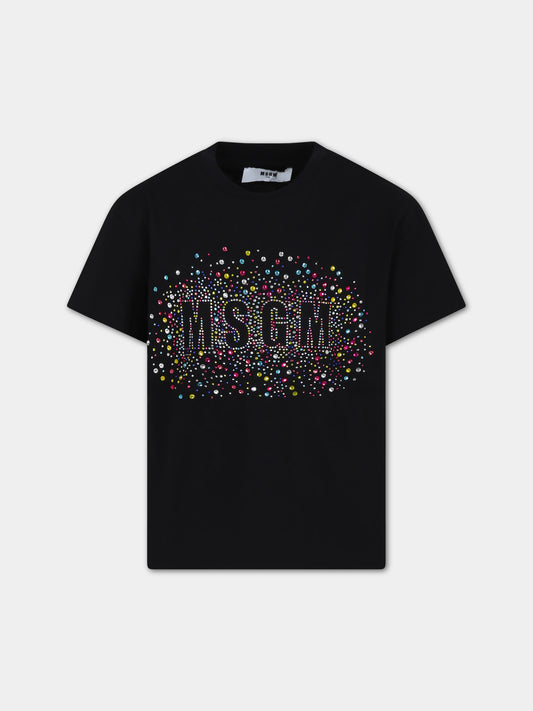 T-shirt nera per bambina con logo e strass,Msgm Kids,S4MSJGTH152 110