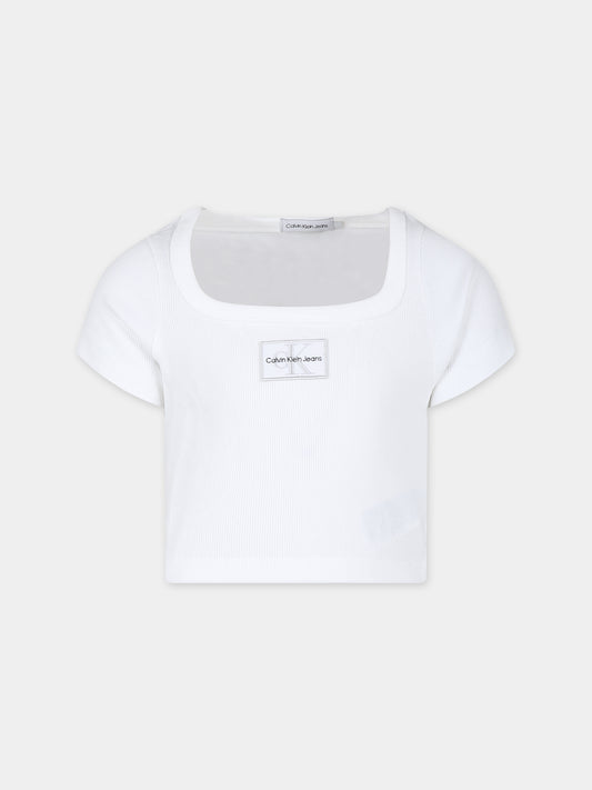 T-shirt crop bianca per bambina con logo,Calvin Klein Kids,24SMCKIG0IG02439J YAF