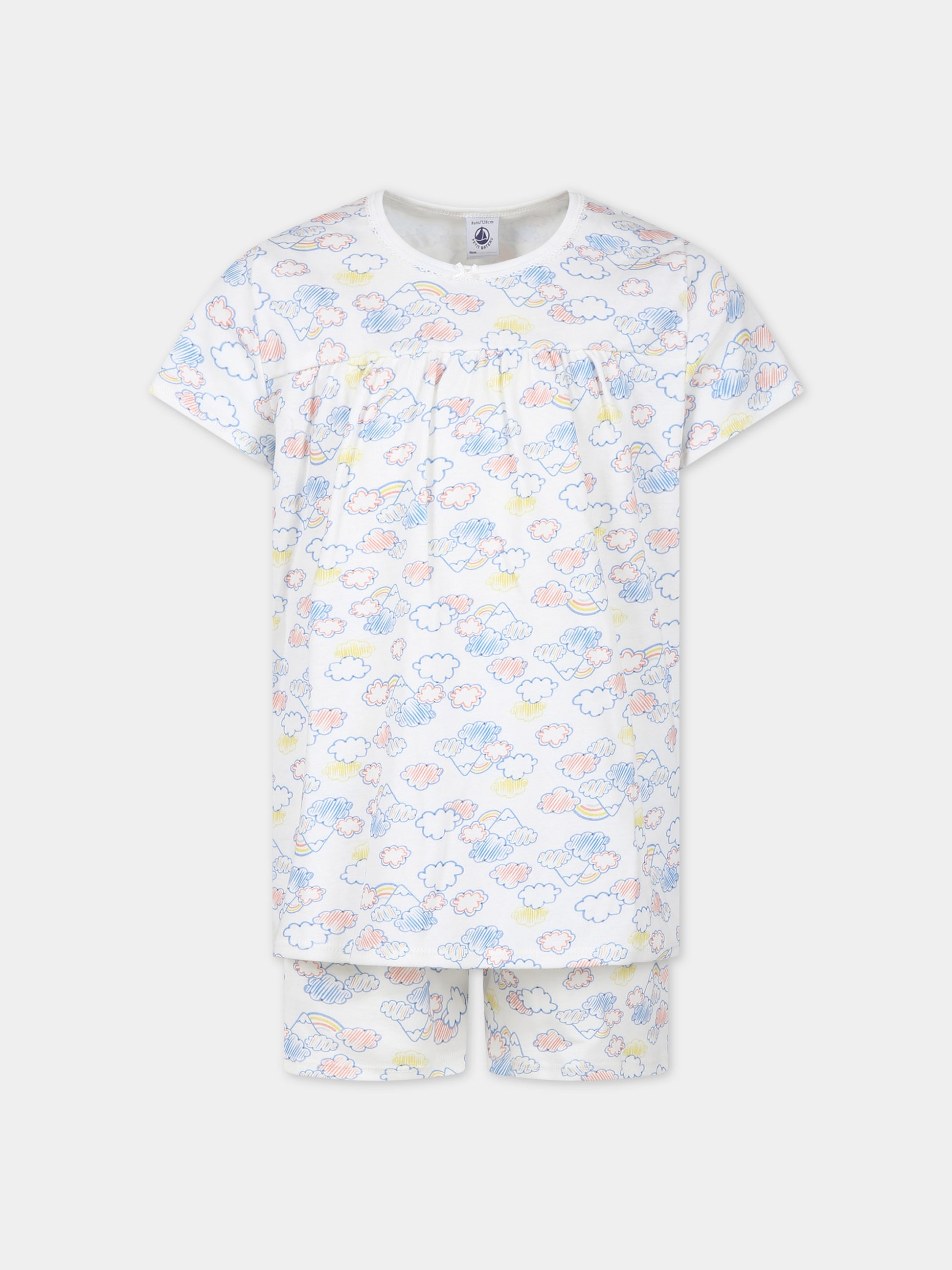 Pigiama bianco per bambina con stampa nuvole,Petit Bateau,A09R8 01 MARSHMALLOW/MULTICO