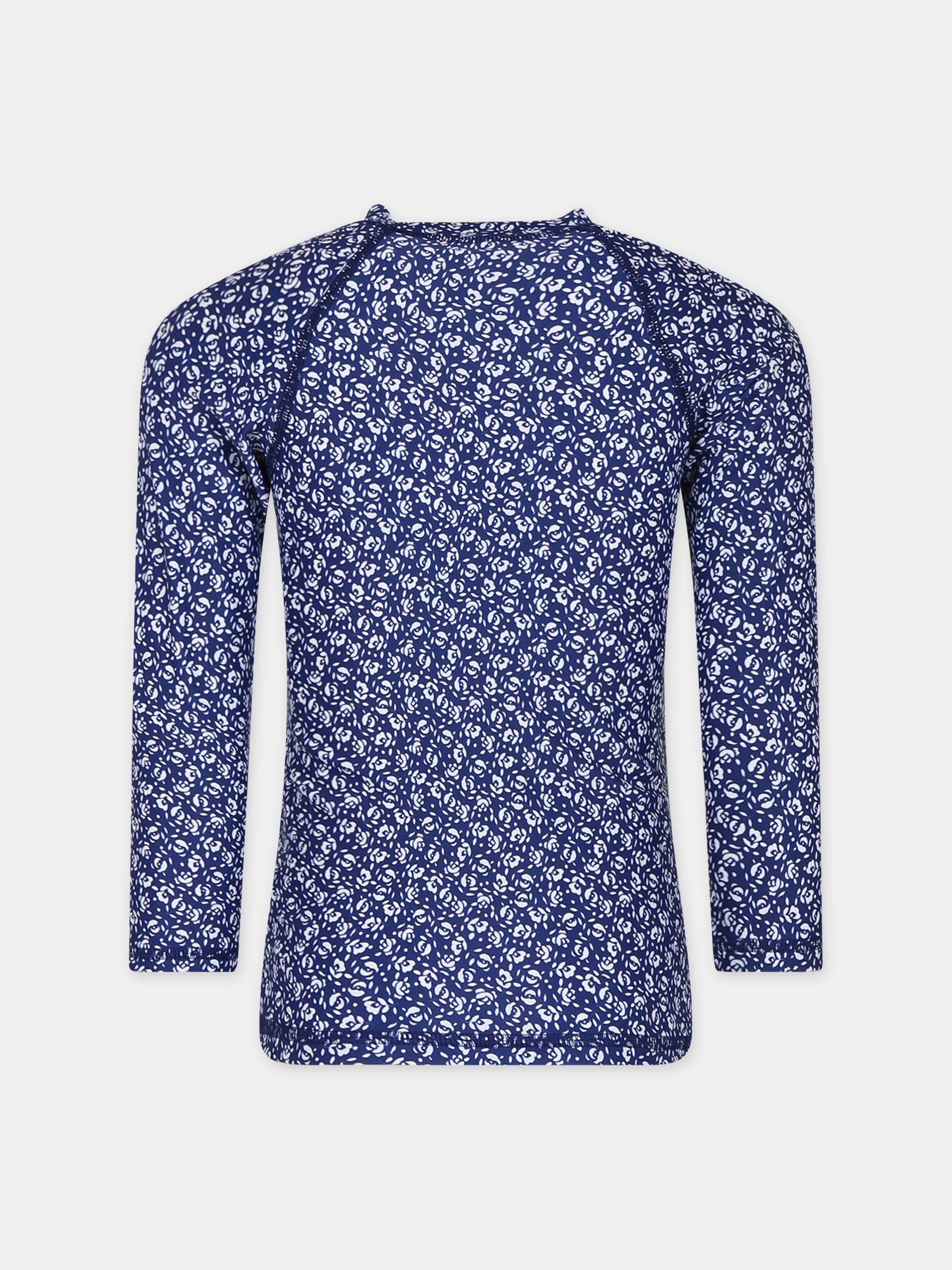 T-shirt blu Anti Uv per bambina con stampa fiori,Petit Bateau,A09L3 01 INCOGNITO/MARSHMALLOW