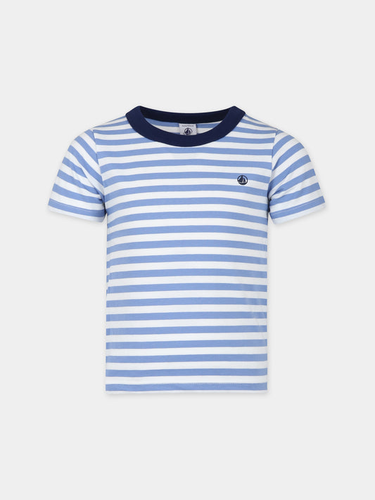 T-shirt azzurra per bambino con righe,Petit Bateau,A0A1D 01 GAULOISE/MARSHMALLOW
