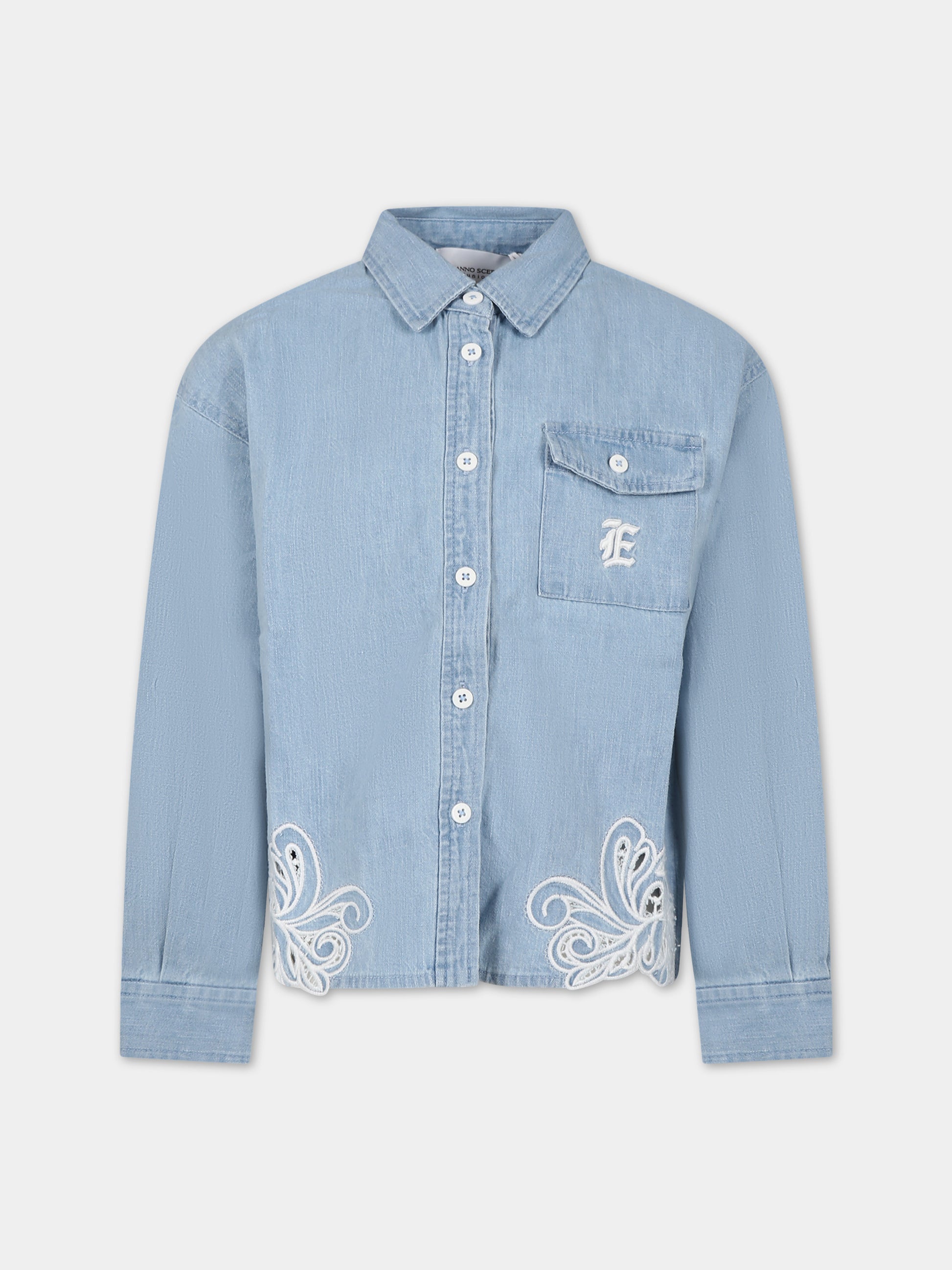 Camicia blu per bambina con ricamo e logo,Ermanno Scervino Junior,SFCA015 C DF026 4100