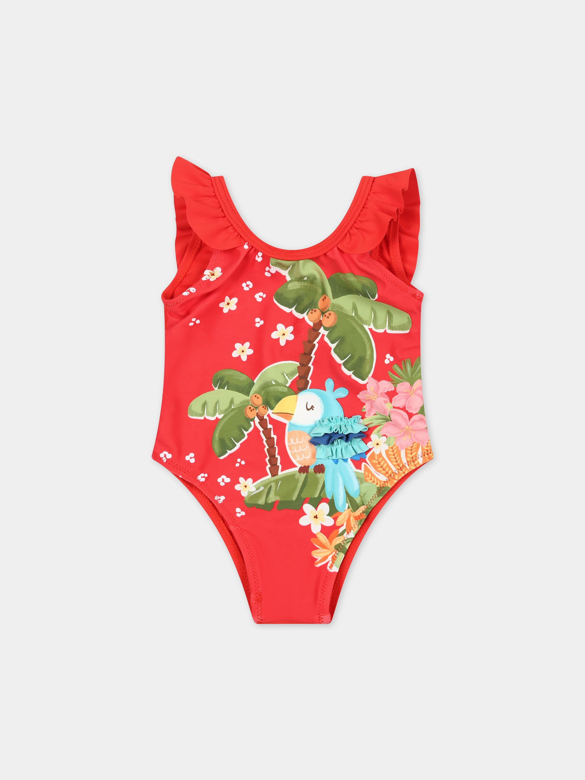 Costume intero rosso per neonata con pappagallo e fiori,Mayoral,1741 064
