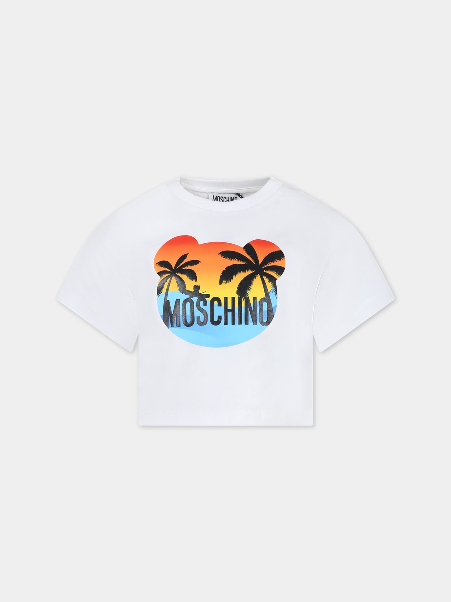 T-shirt bianca per bambina con stampa multicolor e logo,Moschino Kids,HDM06E LBA10 10101