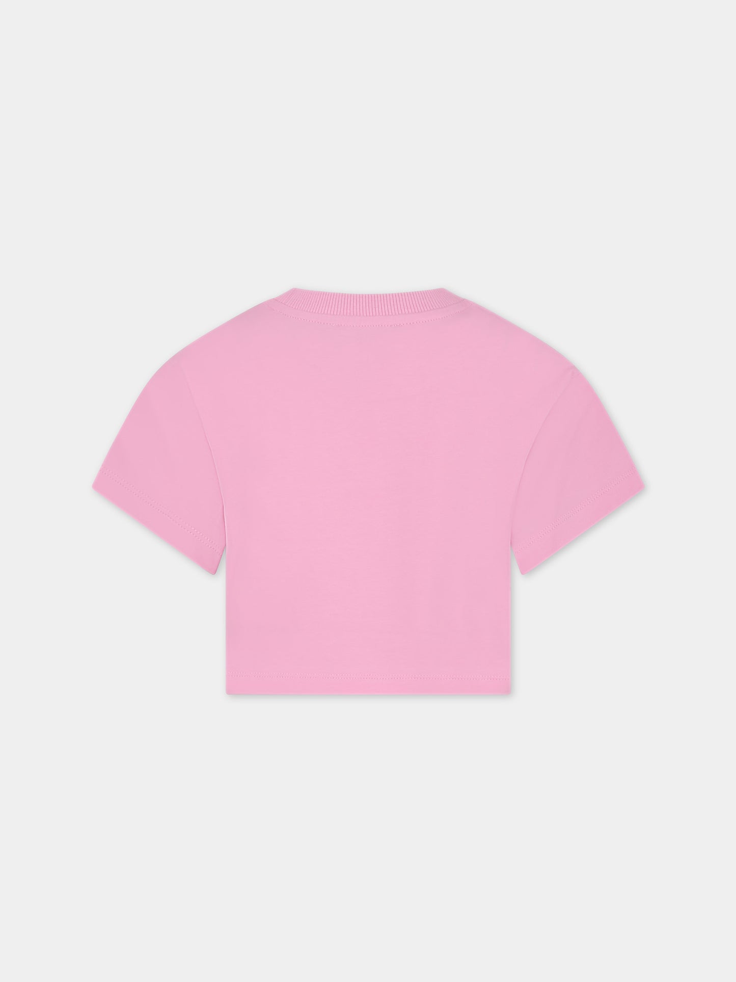 T-shirt rosa per bambina con stampa multicolor e logo,Moschino Kids,HDM06E LBA10 50206