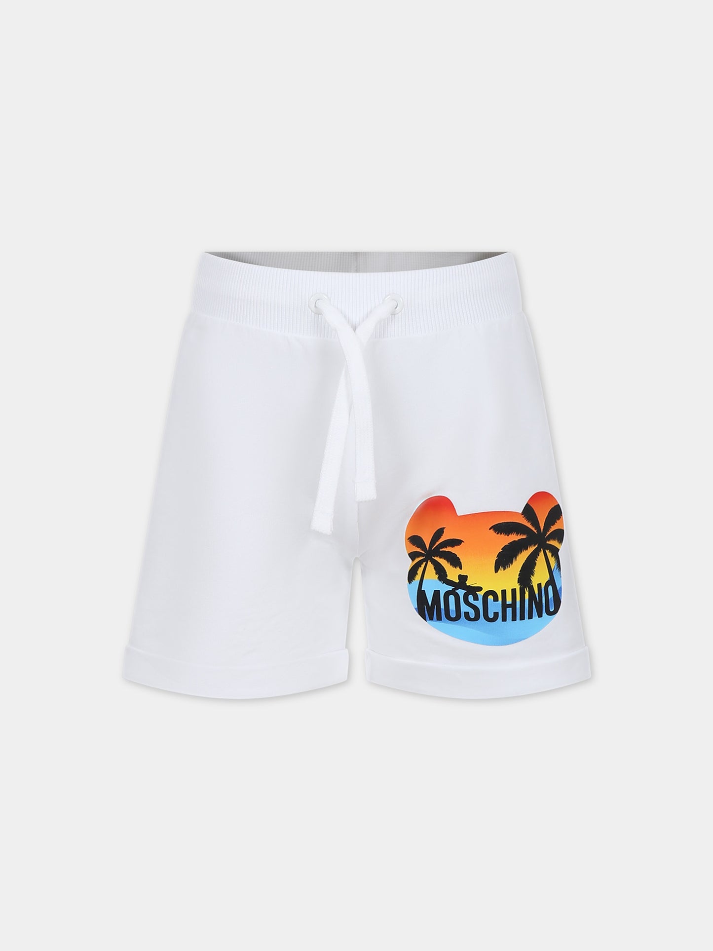 Shorts bianco per bambina con stampa multicolor e logo,Moschino Kids,HDQ01H LDA13 10101