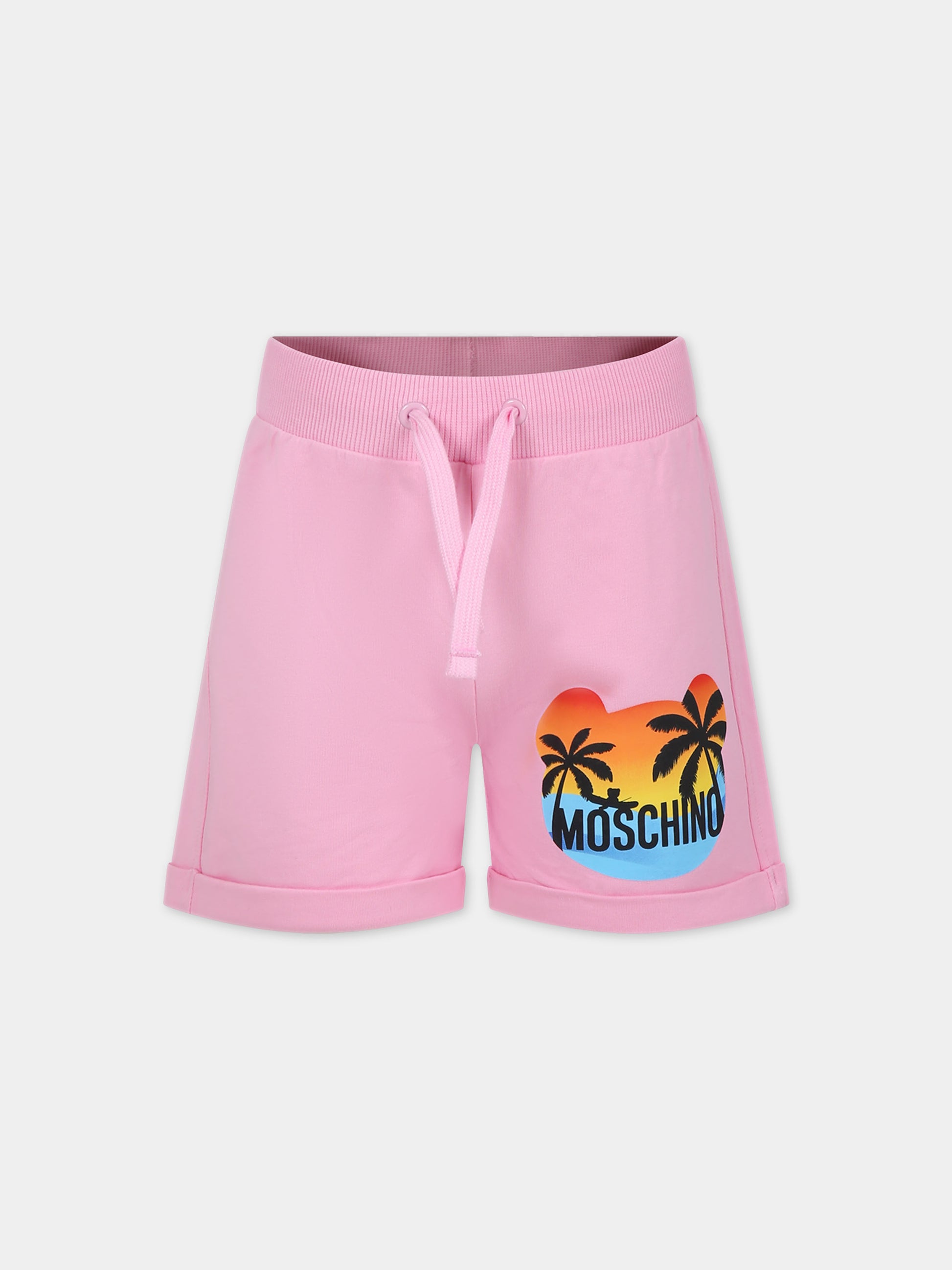 Shorts rosa per bambina con stampa multicolor e logo,Moschino Kids,HDQ01H LDA13 50206