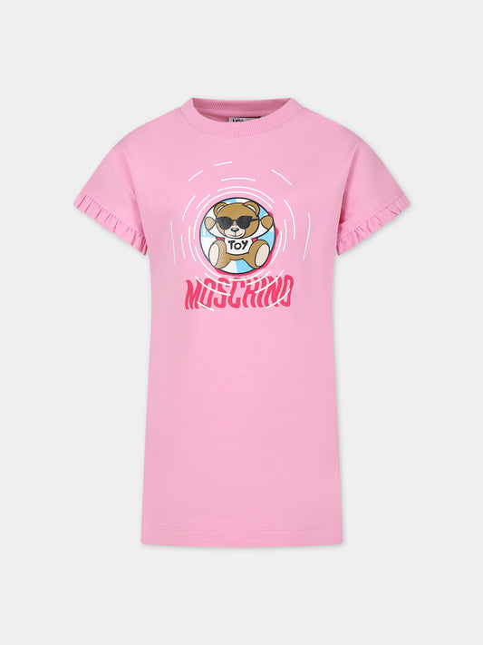 Vestito rosa per bambina con stampa multicolor e Teddy Bear,Moschino Kids,HDV0F4 LDA13 50206