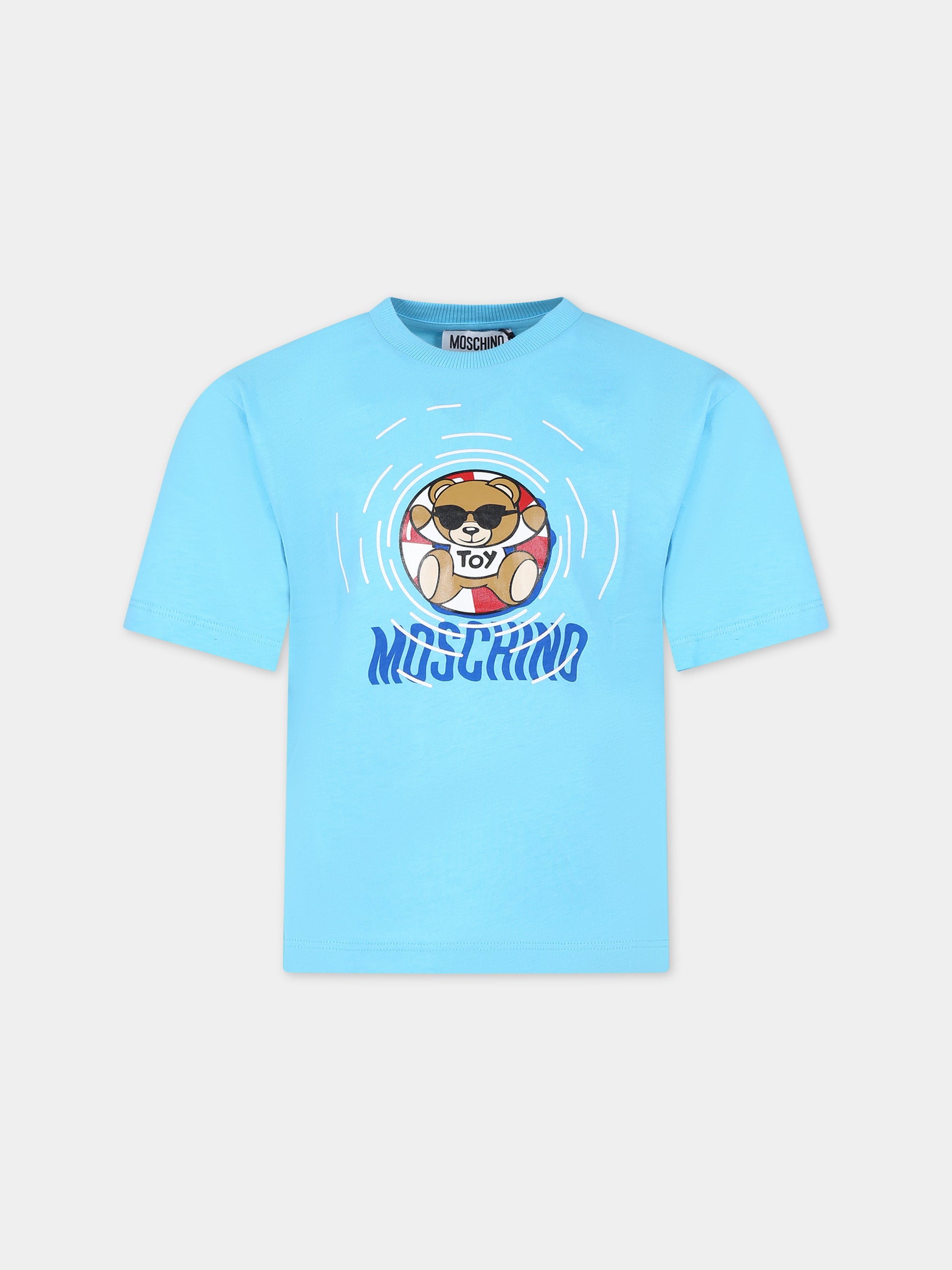 T-shirt azzurra per bambino con stampa multicolor e Teddy Bear,Moschino Kids,HUM04R LAA23 40538