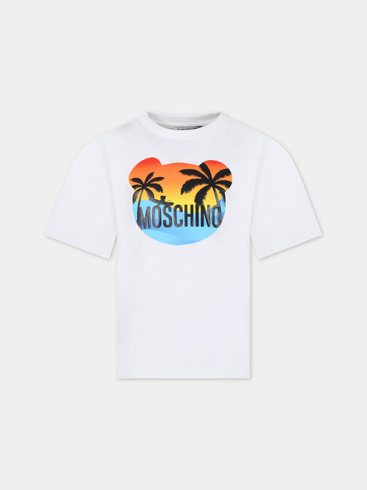 T-shirt bianca per bambini con stampa multicolor e logo,Moschino Kids,HUM04S LBA10 10101