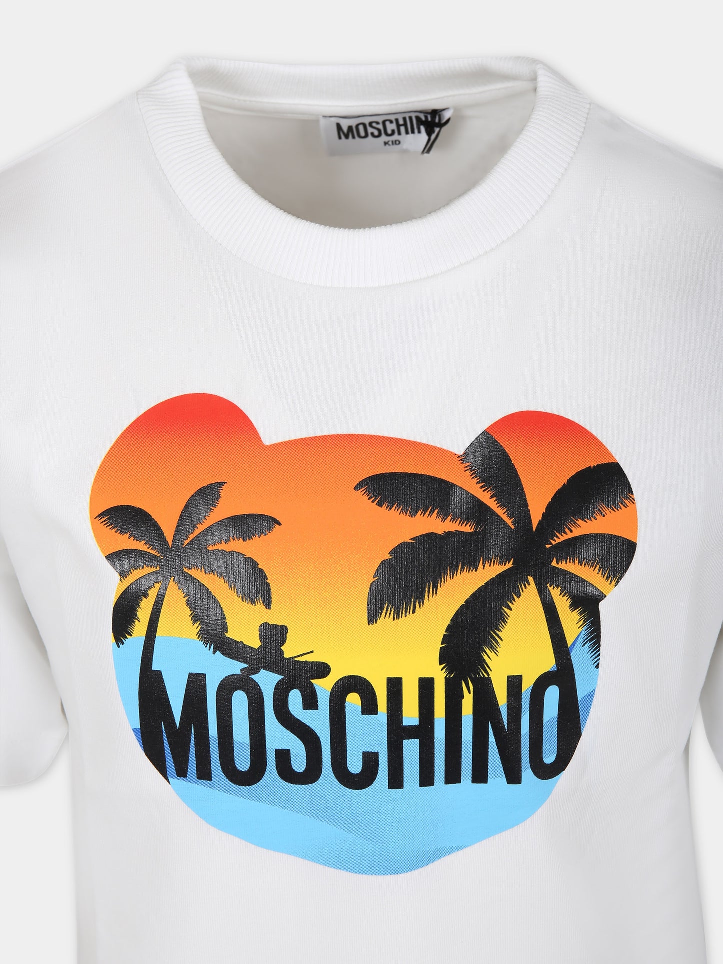 T-shirt bianca per bambini con stampa multicolor e logo,Moschino Kids,HUM04S LBA10 10101