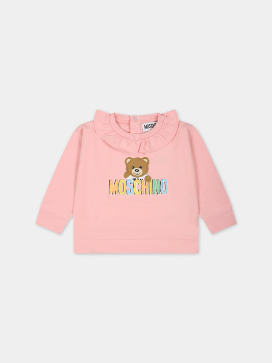 Felpa rosa per neonata con Teddy Bear e logo,Moschino Kids,MAF02A LDA00 50209