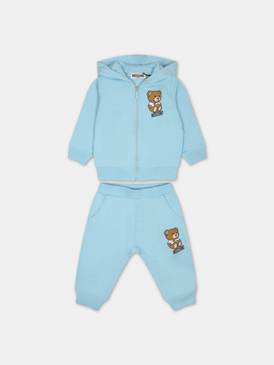 Completo celeste per neonato con Teddy Bear e logo,Moschino Kids,MNK037 LCA19 41020