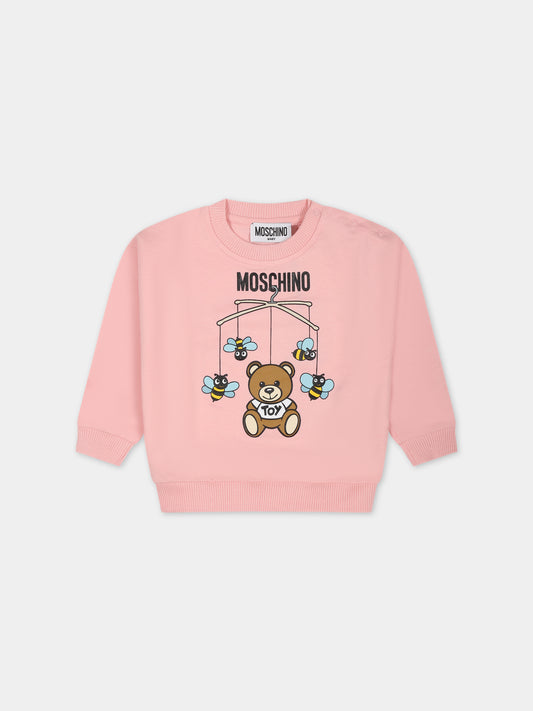 Felpa rosa per neonata con Teddy Bear,Moschino Kids,MWF03N LCA19 50209