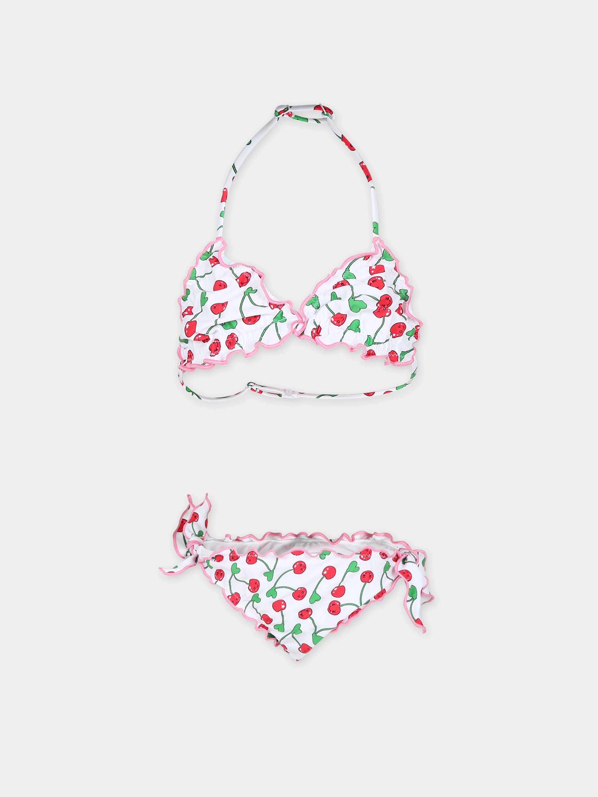 Bikini bianco per bambina con ciliegie e logo,Mc2 Saint Barth,CRIS001 00606F