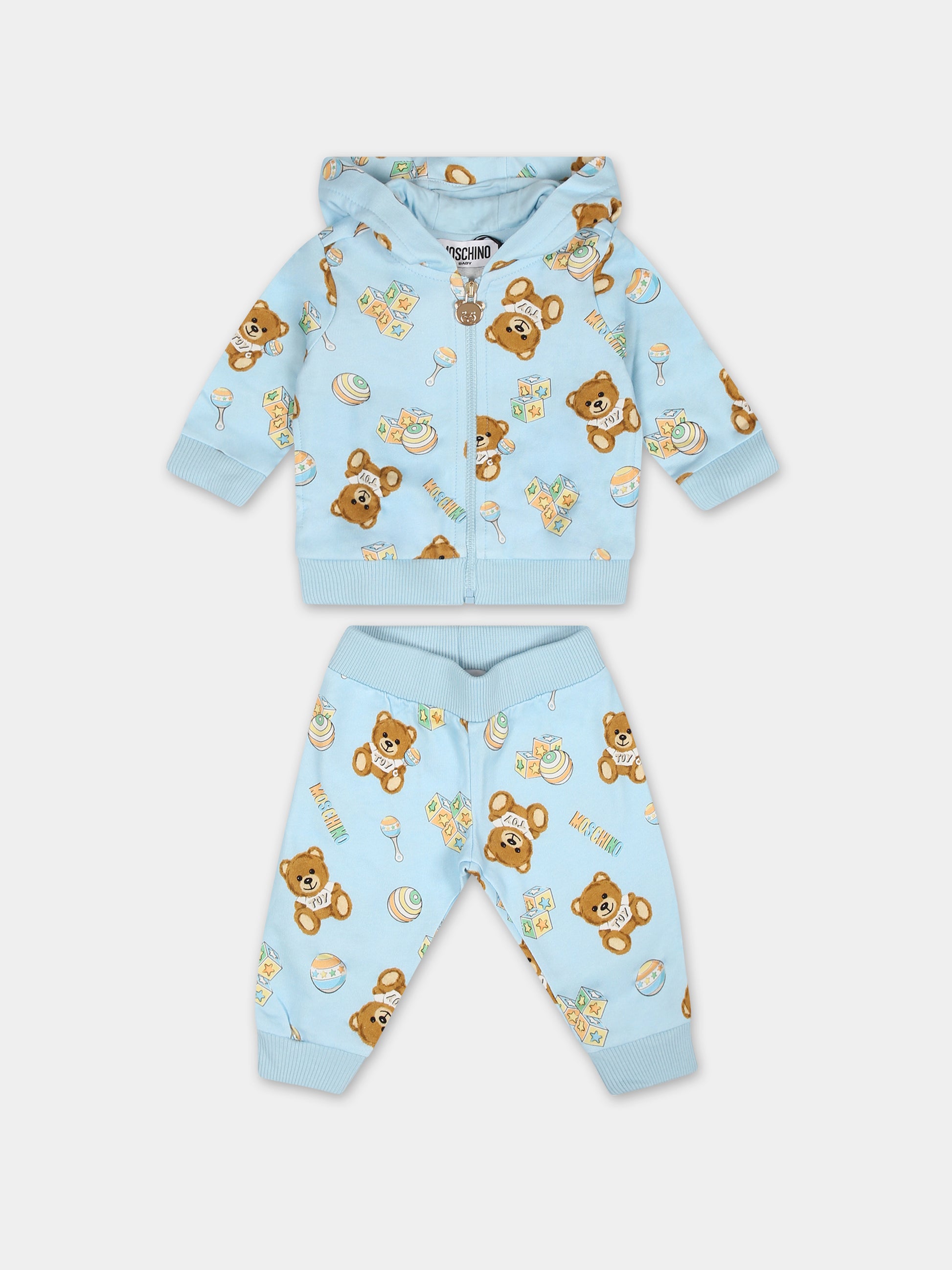 Completo celeste per neonato con Teddy Bear e stampa giochi,Moschino Kids,MUK04B LCB34 84495