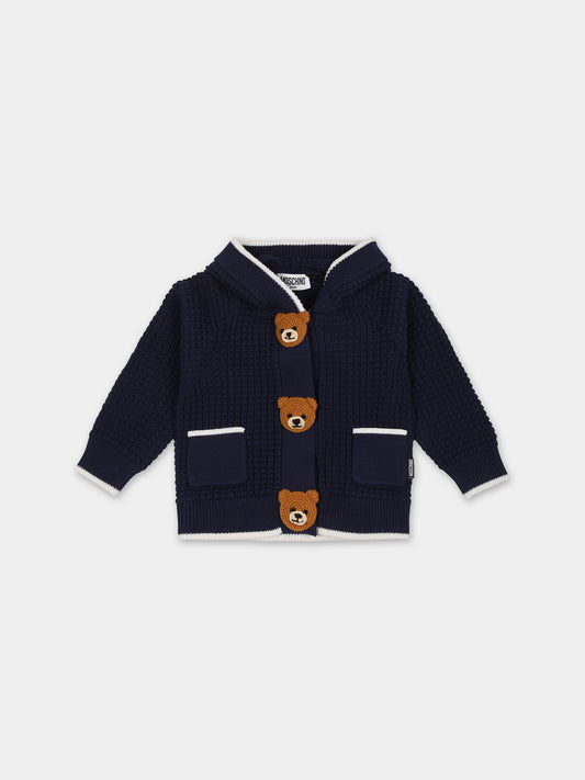 Cardigan blu per neonato con Teddy bear,Moschino Kids,MUW00S LHE13 40016
