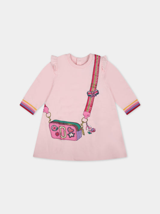 Vestito rosa per neonata con stampa borsa e logo,Little Marc Jacobs,W92026 475