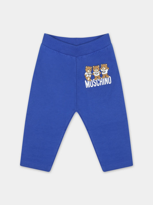 Leggings blu per neonati con Teddy Bears e logo,Moschino Kids,MRP02R LCA60 40457