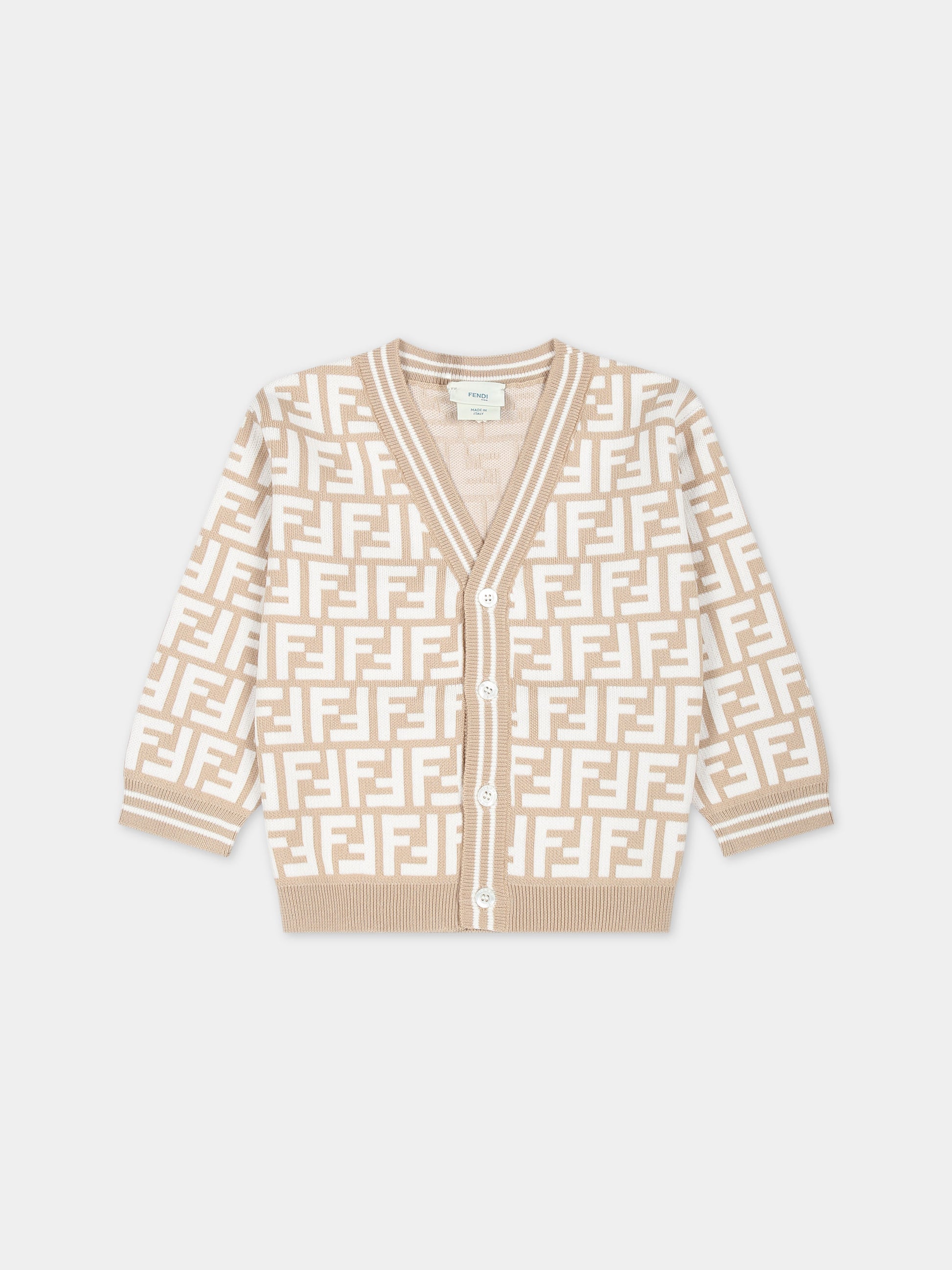 Cardigan beige per neonati con iconiche FF,Fendi Kids,BMG102 AQUH F14OX