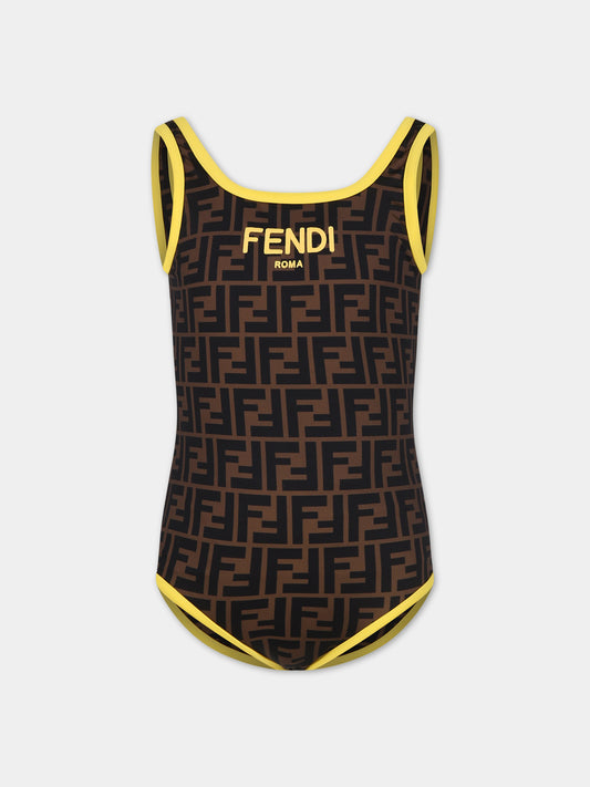 Costume intero reversibile marrone per bambina con iconiche FF e logo Fendi,Fendi Kids,JFM035 AQUD F17QF