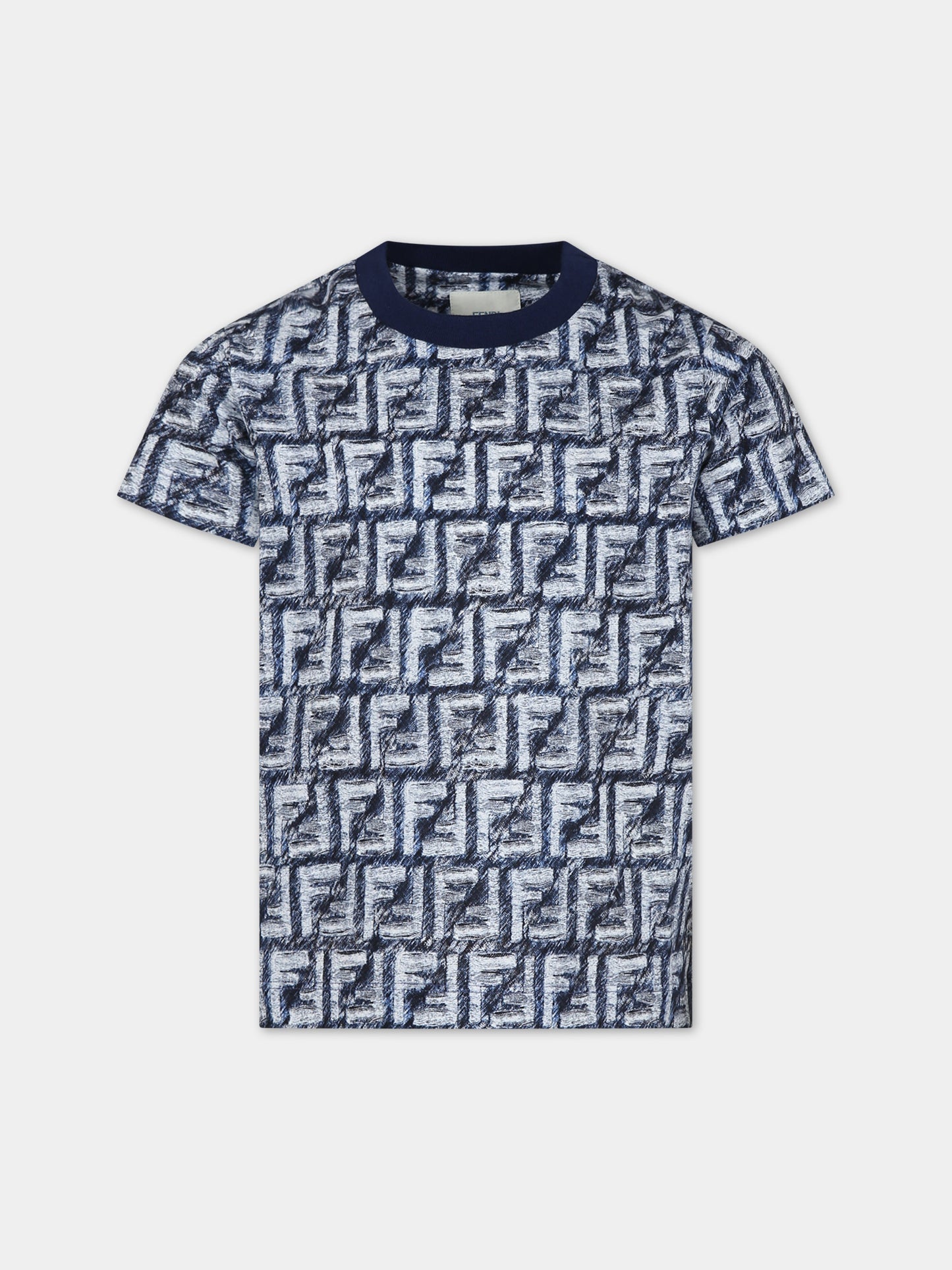 T-shirt blu per bambino con iconiche FF,Fendi Kids,JMI451 AQTS F04V6
