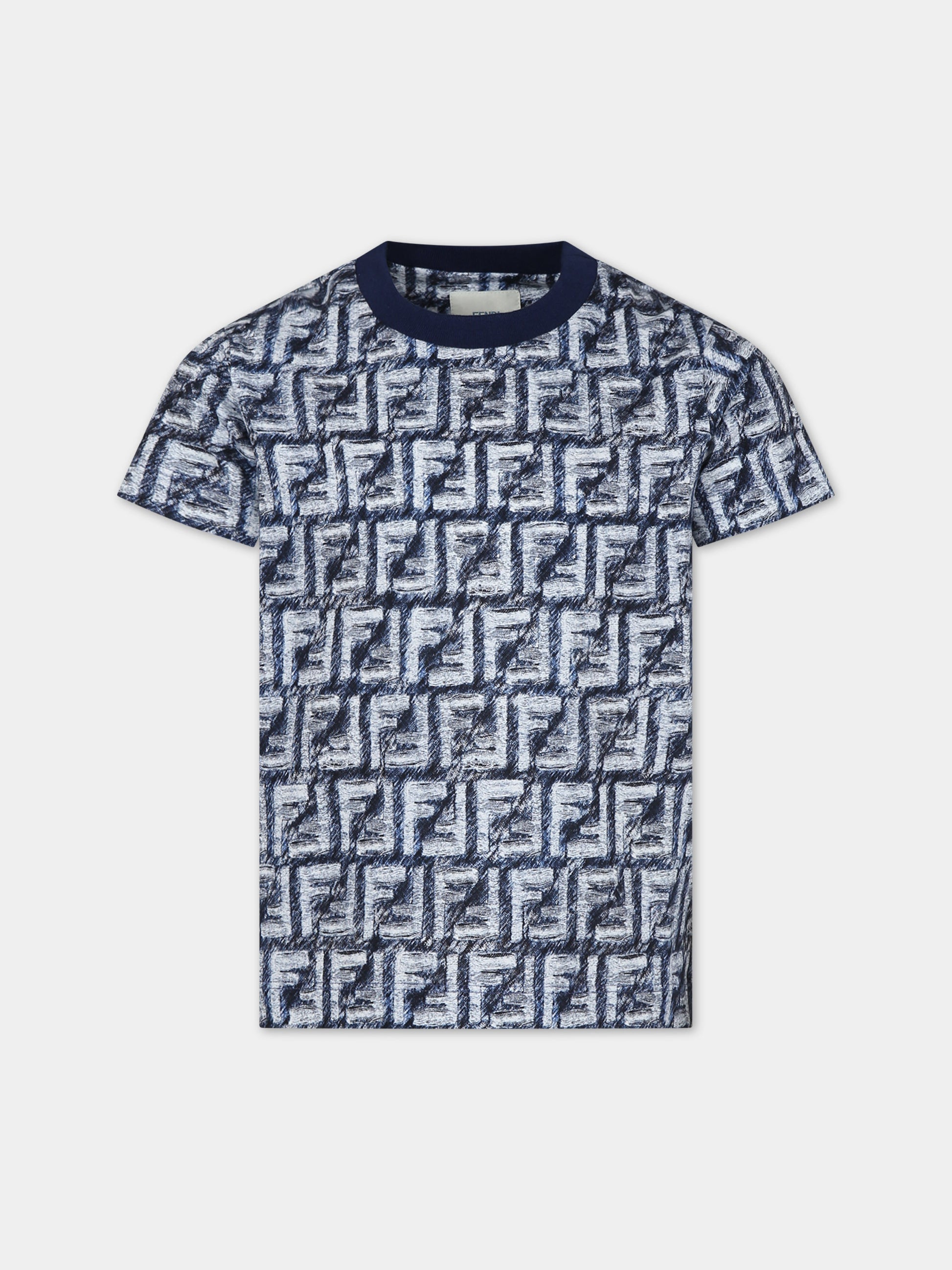 T-shirt blu per bambino con iconiche FF,Fendi Kids,JMI451 AQTS F04V6