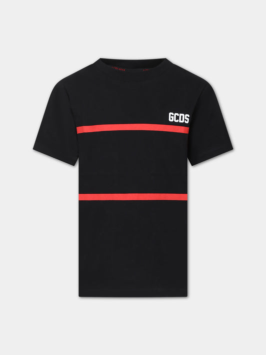 T-shirt nera per bambino con righe rosse,Gcds Kids,DUM00I LAA29 60100