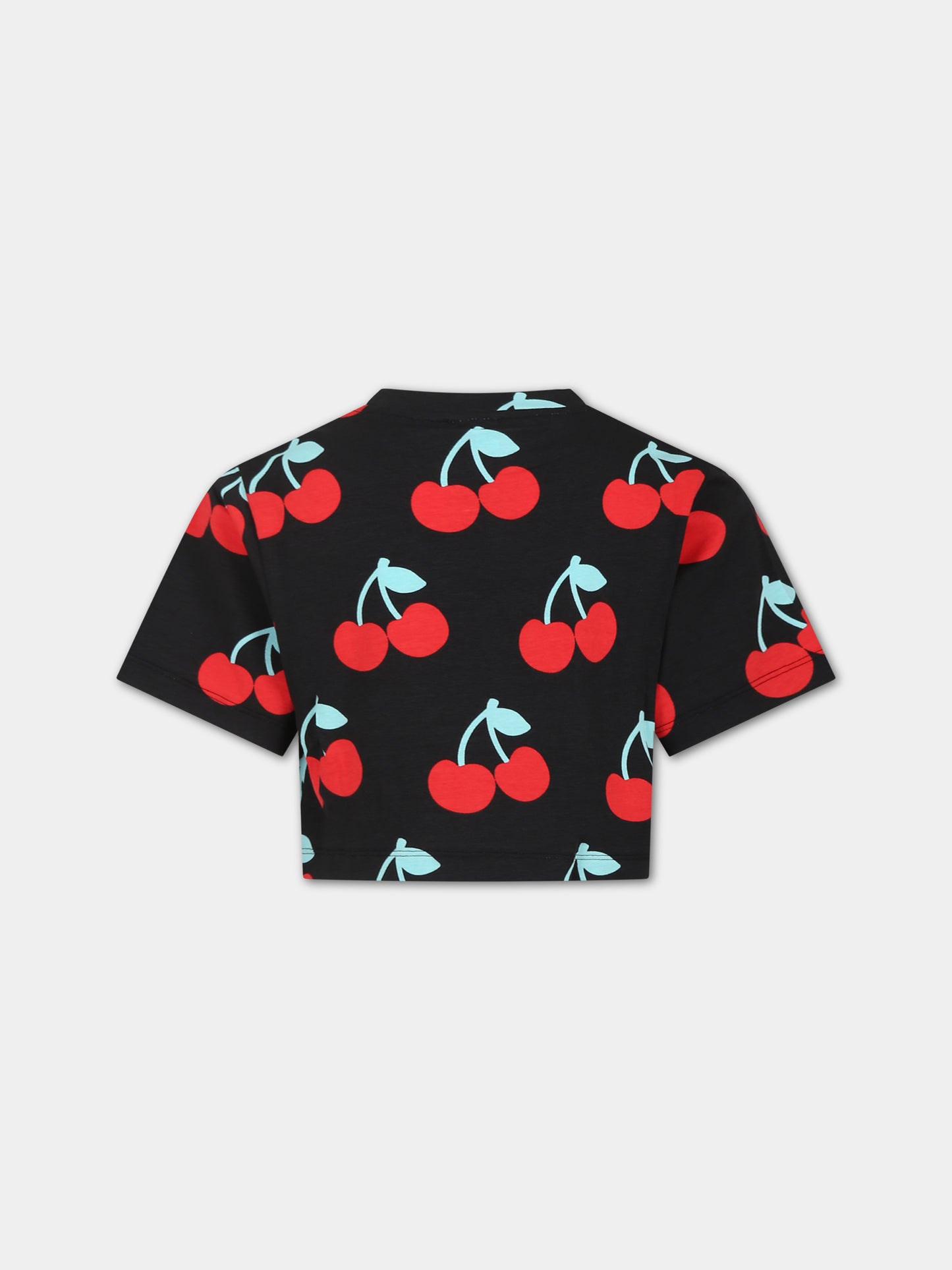 T-shirt nera per bambina con stampa ciliegie all-over,Gcds Kids,DDM00G LBB0C 84342