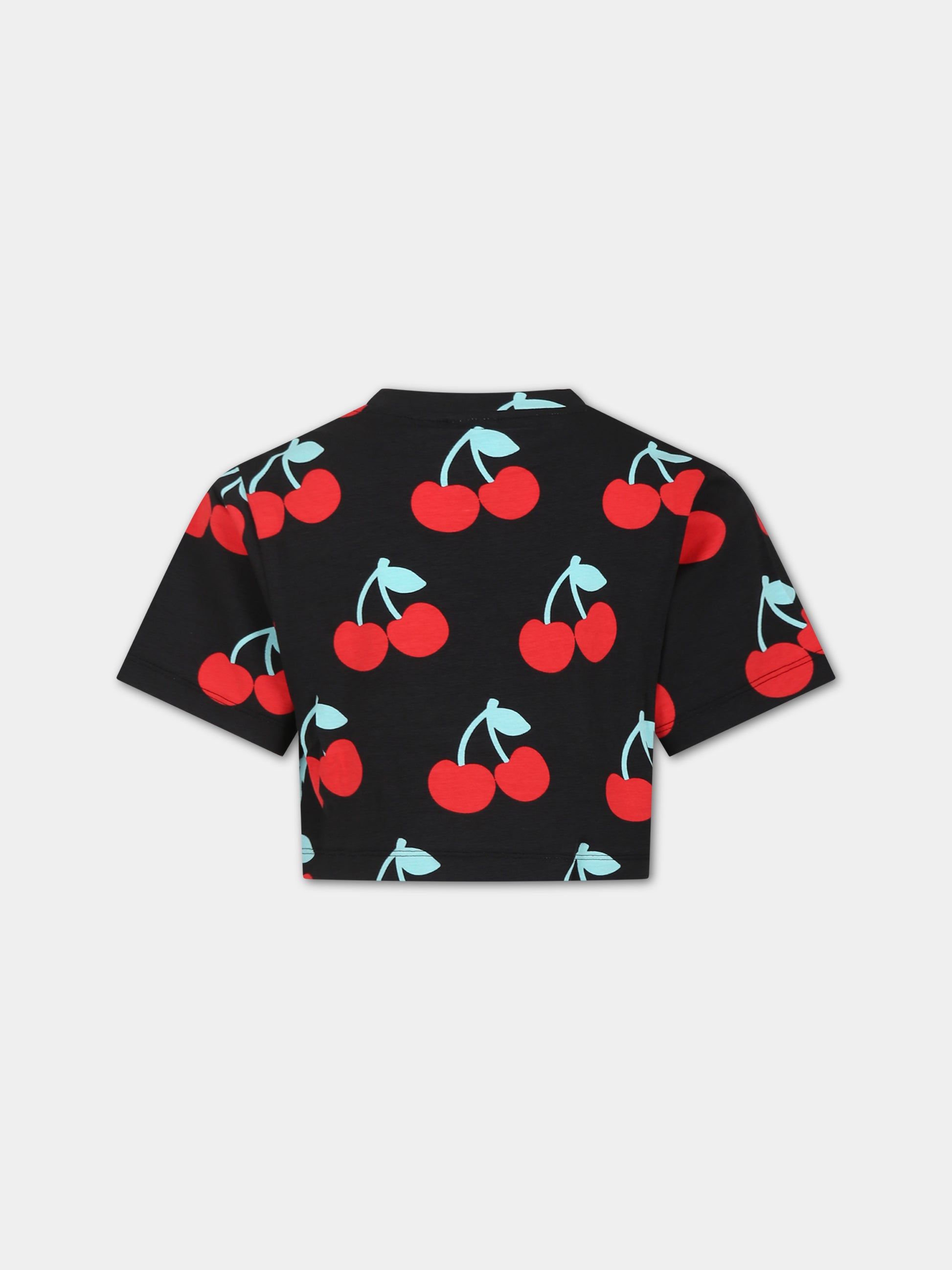 T-shirt nera per bambina con stampa ciliegie all-over,Gcds Kids,DDM00G LBB0C 84342
