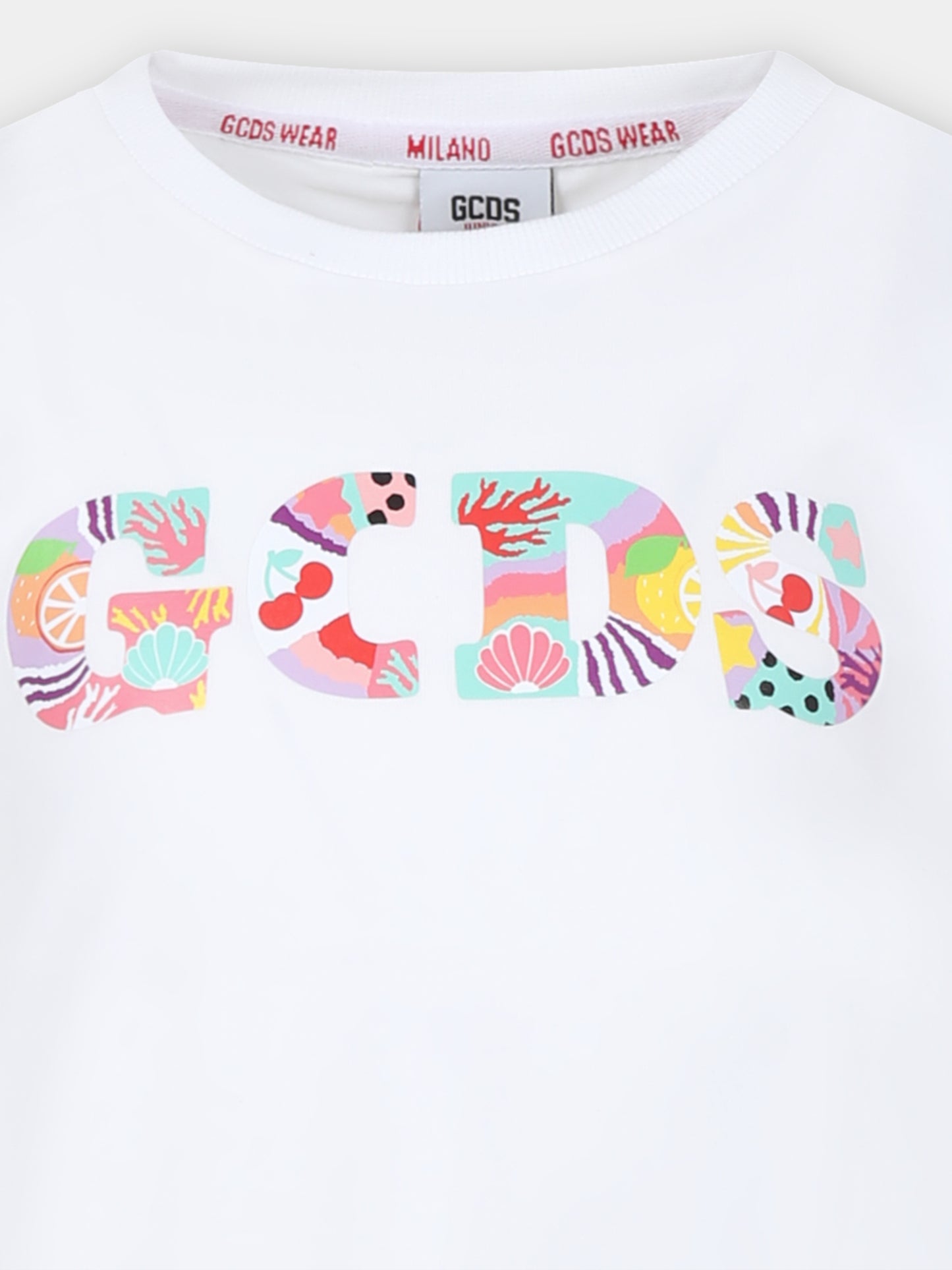 T-shirt bianca per bambina con logo in fantasia,Gcds Kids,DDM00D LBA10 10101