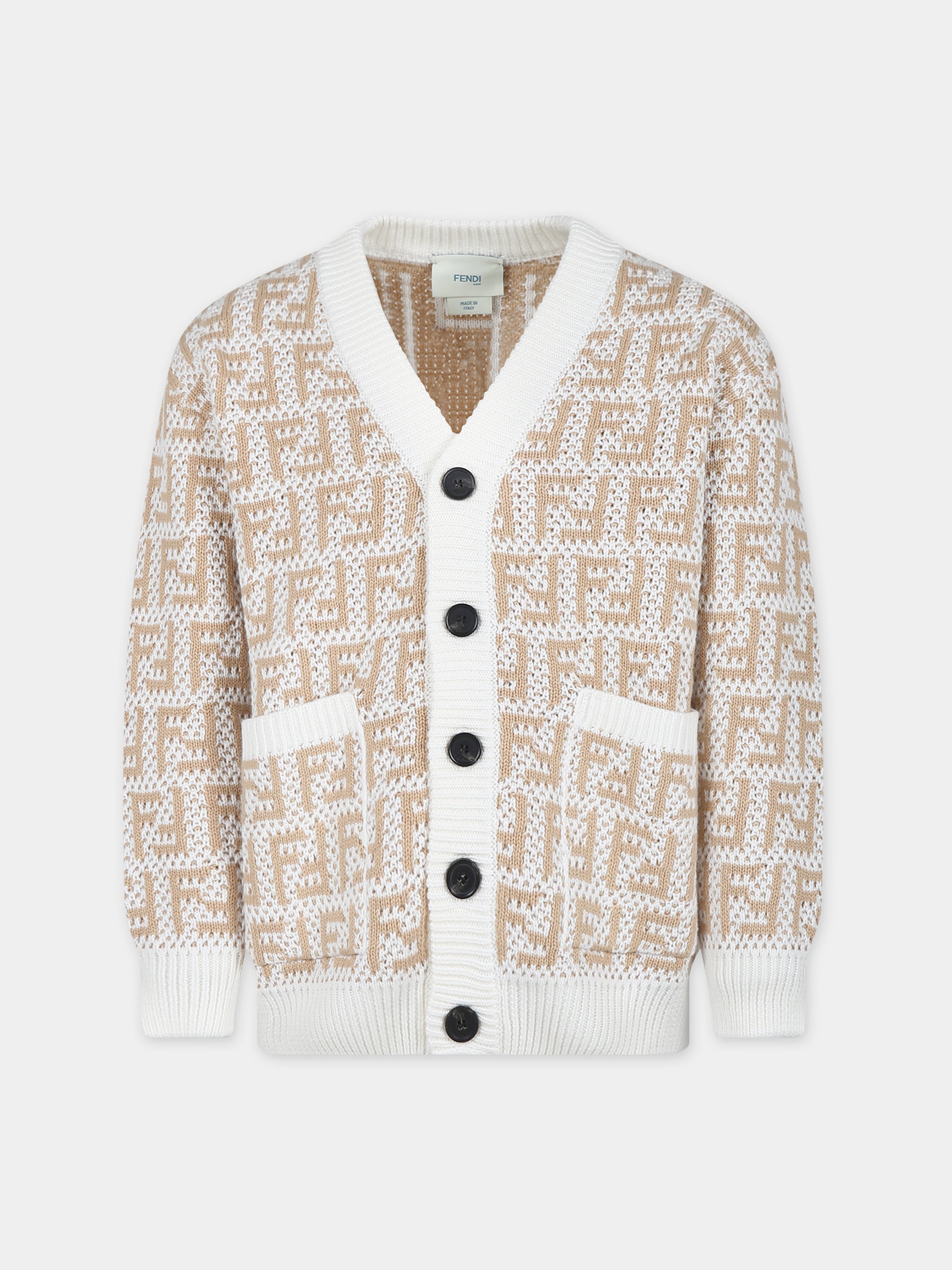 Cardigan beige per bambini con doppia F,Fendi Kids,JUG044 AMJF F1PCP