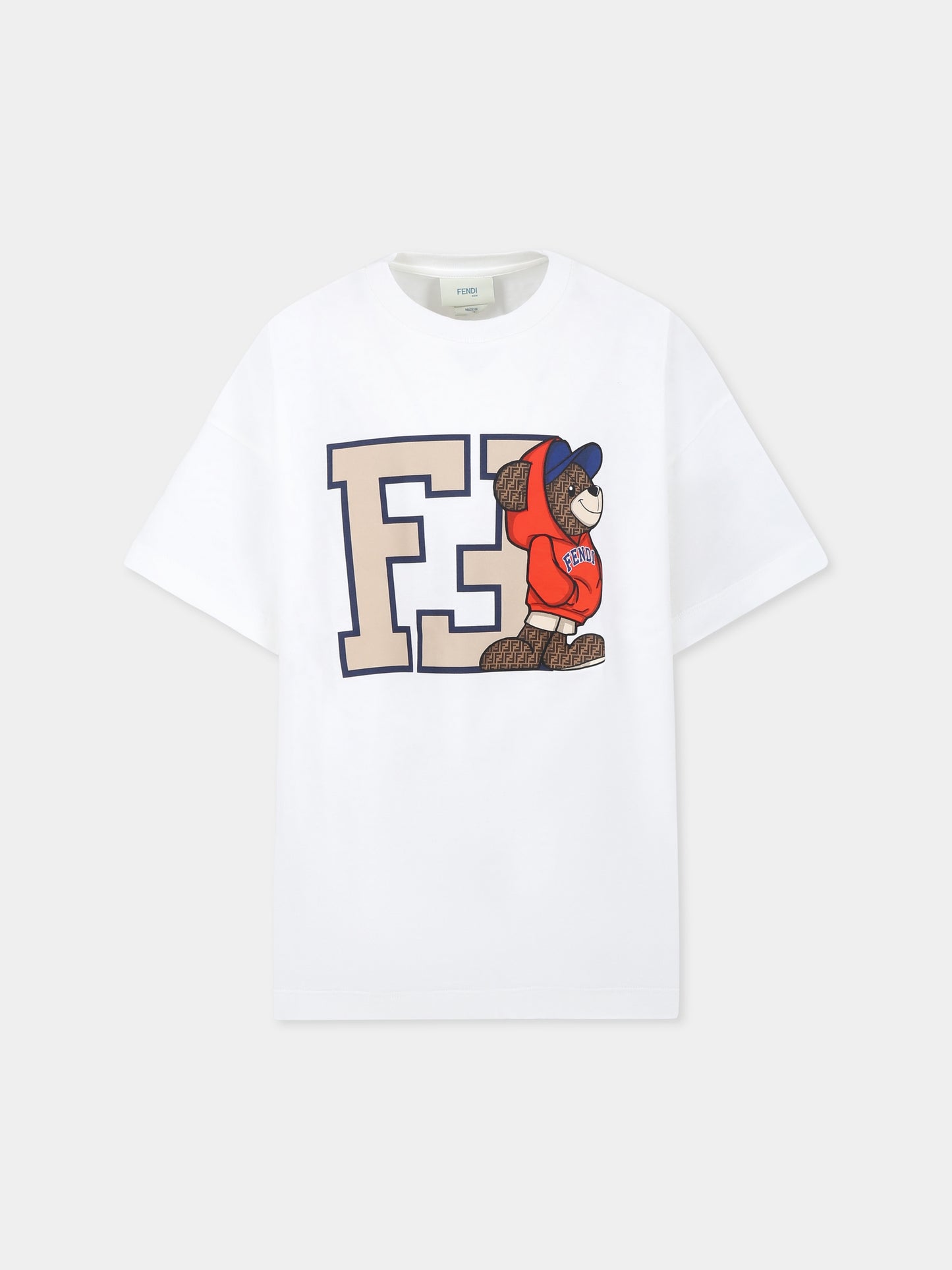 T-shirt blanc pour garçon avec imprimé ourson Fendi