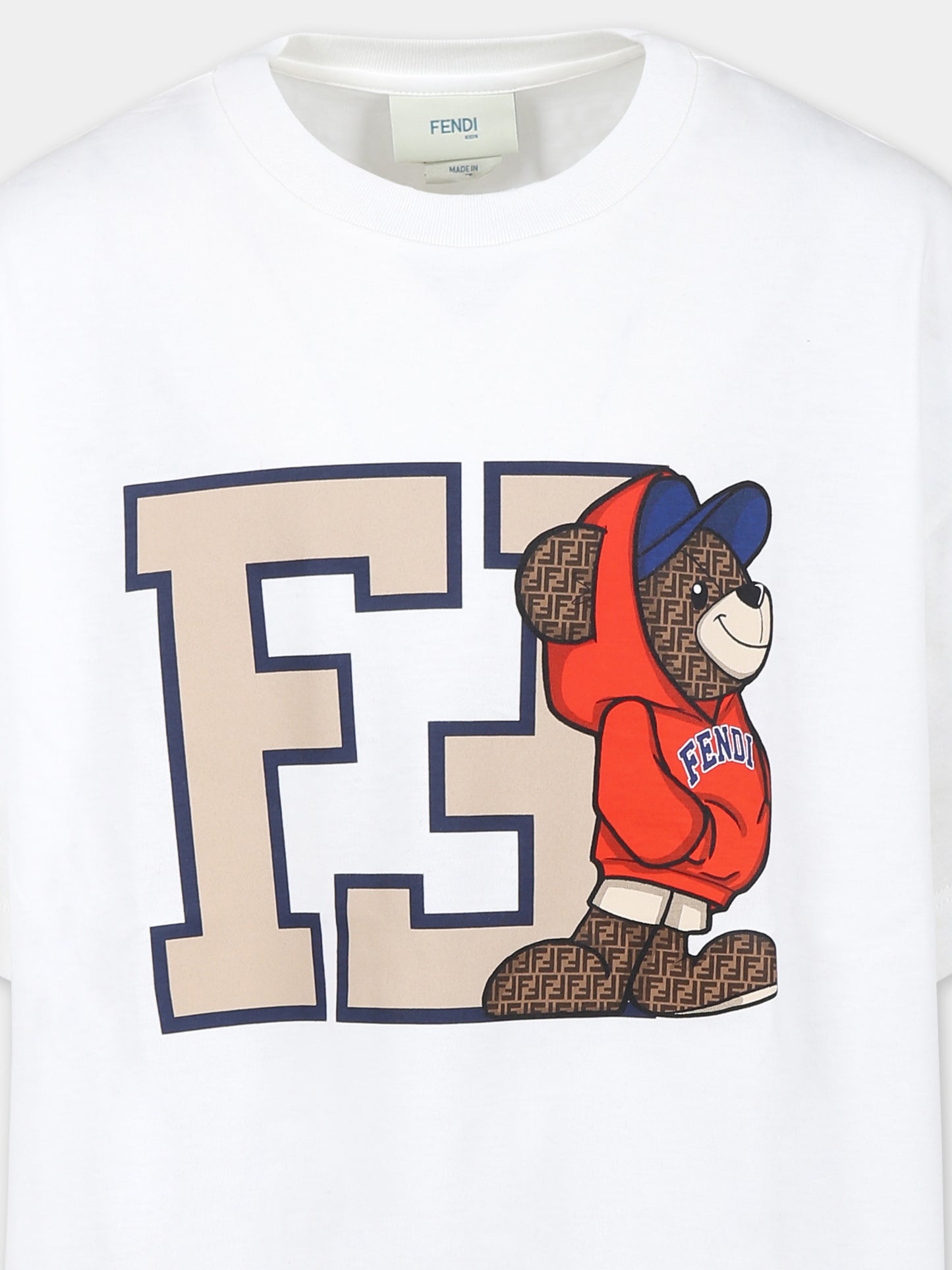 T-shirt blanc pour garçon avec imprimé ourson Fendi