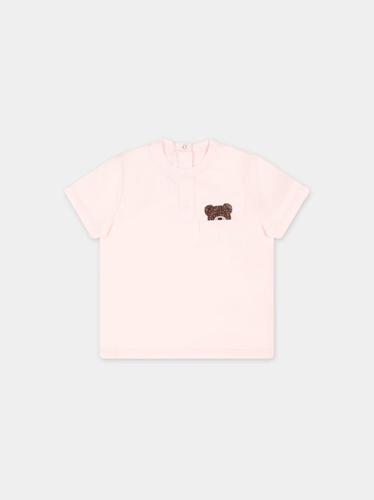 T-shirt rosa per neonata con orsetto Fendi,Fendi Kids,BUI083 ST8 F0C11