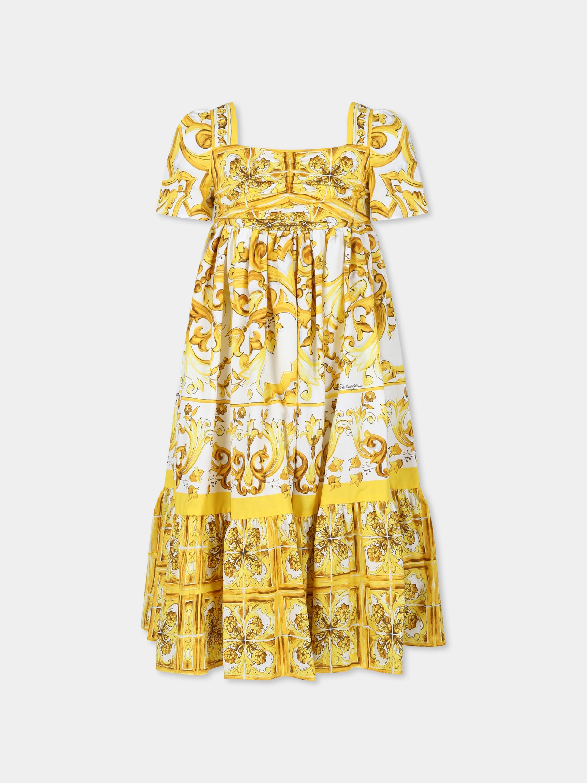 Vestito giallo per bambina con stampa maiolica gialla,Dolce & Gabbana Kids,L53DE7 G7EY0 HG3TN