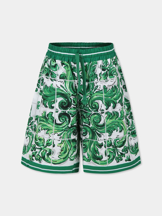 Shorts verdi per bambino con logo e stampa maiolica verde,Dolce & Gabbana Kids,L43Q47 FI5JO H65DQ