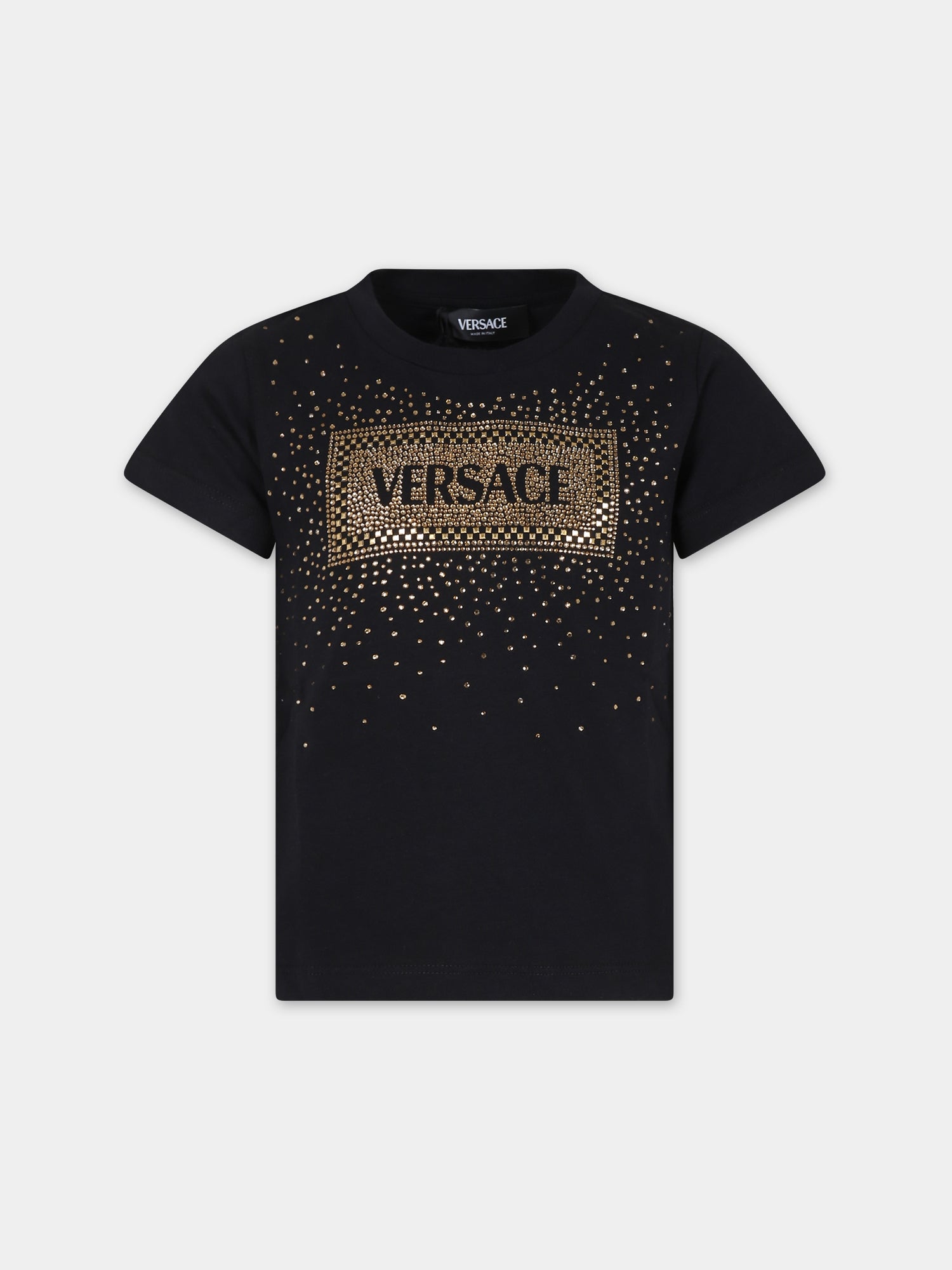 T-shirt nera per bambina con logo e cristalli,Versace,1000052 1A11469 2B130