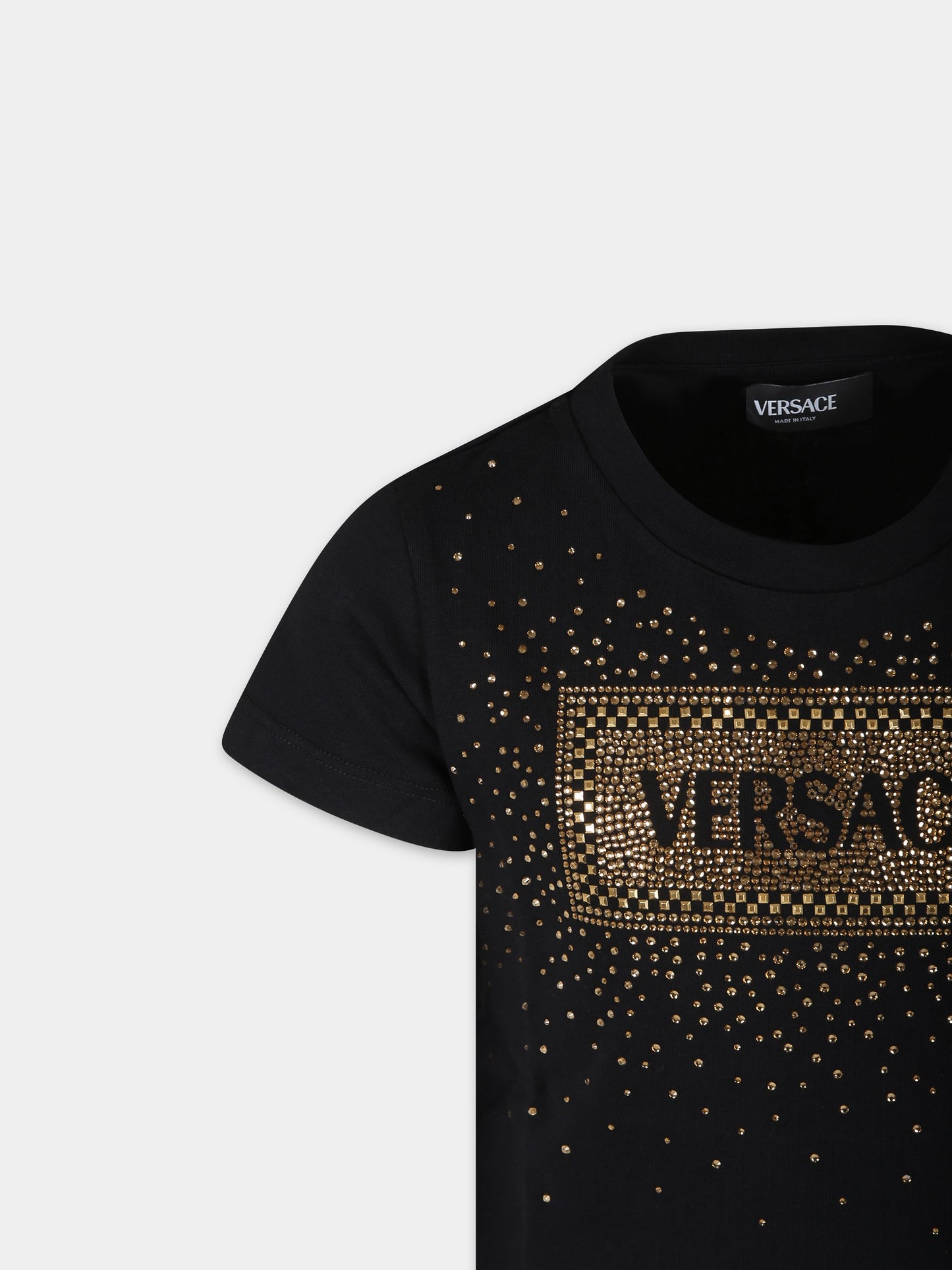 T-shirt nera per bambina con logo e cristalli,Versace,1000052 1A11469 2B130