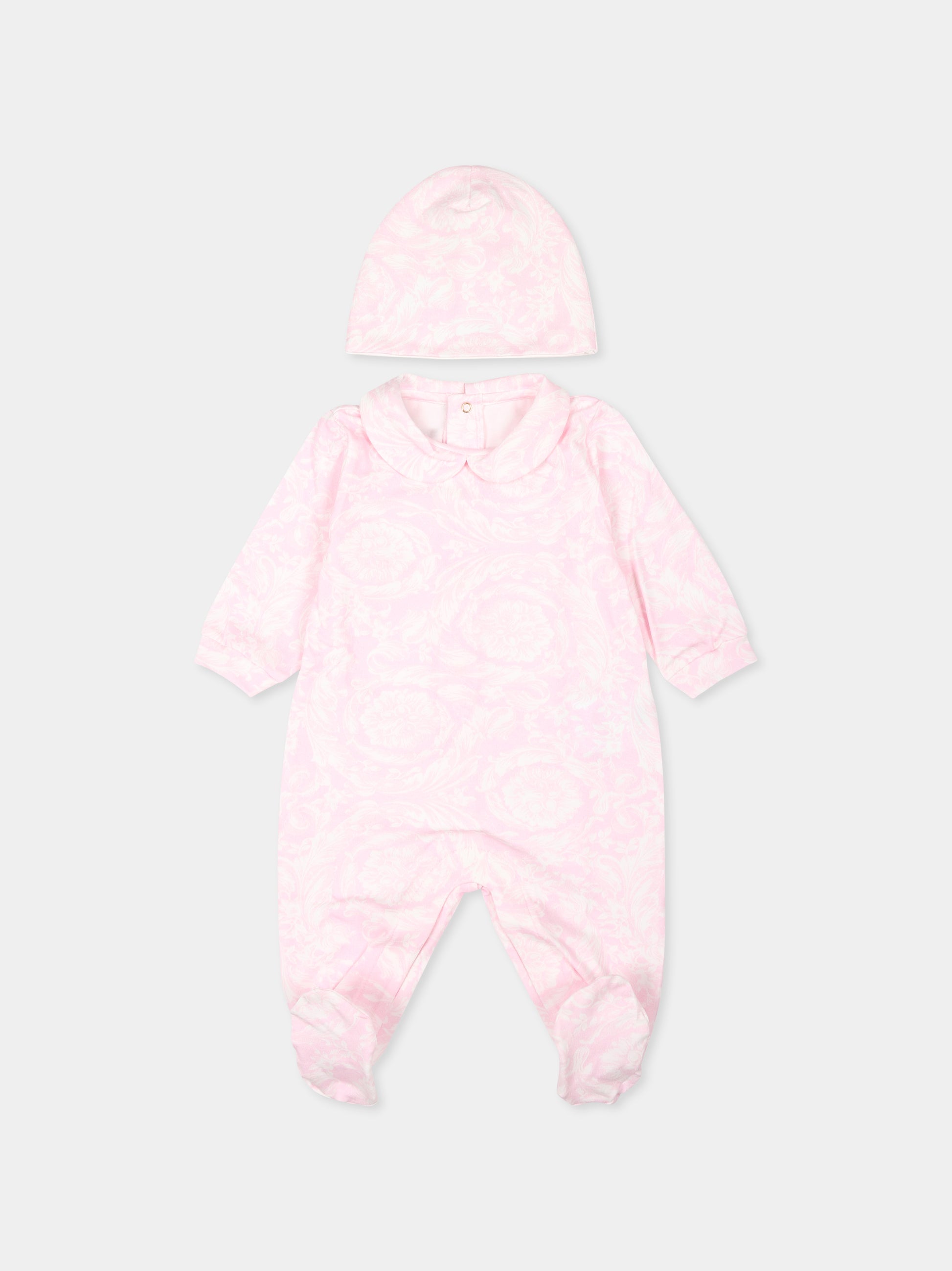 Set tutina rosa per neonata con stampa Barocco,Versace,1000317 1A09533 5P180