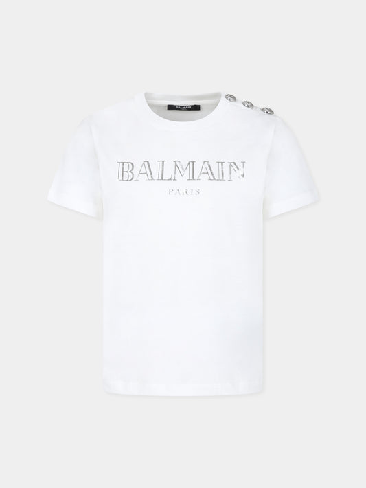 T-shirt avorio per bambina con logo argento,Balmain Kids,BV8Q21 Z0116 102AG