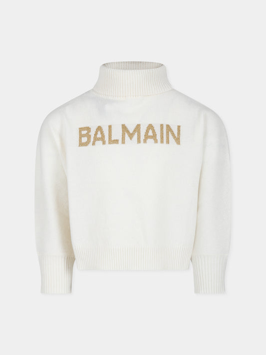 Maglione avorio per bambina con logo,Balmain Kids,BV9B20 W0023 102OR