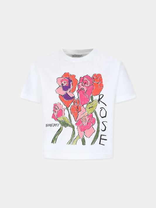 T-shirt bianca per bambina con rose,Burberry Kids,8094963 A1464