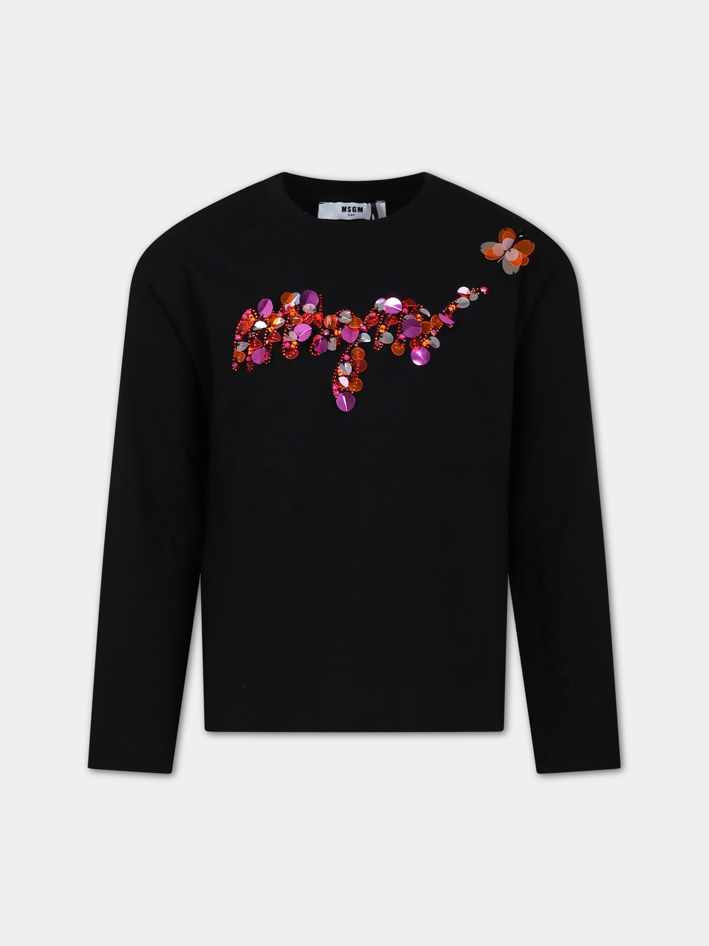 T-shirt nera per bambina con logo e paillettes,Msgm Kids,F3MSJGTH062 110