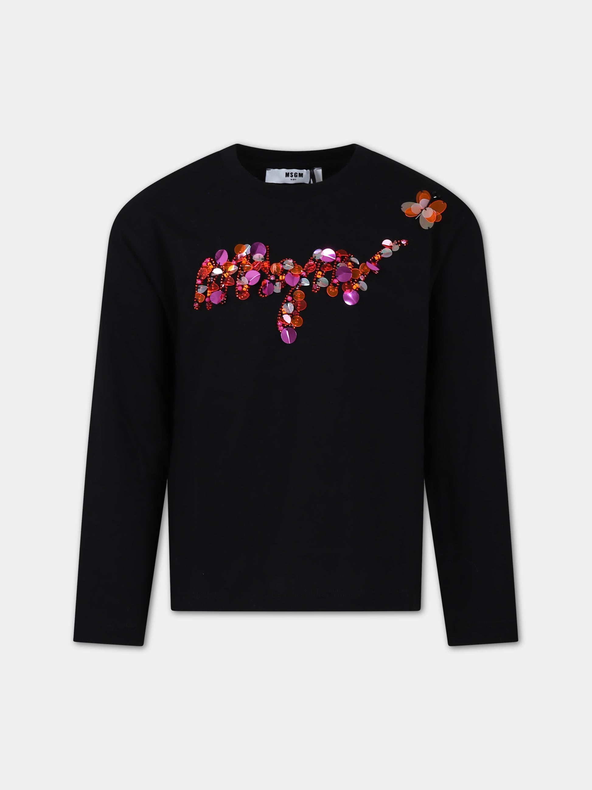 T-shirt nera per bambina con logo e paillettes,Msgm Kids,F3MSJGTH062 110