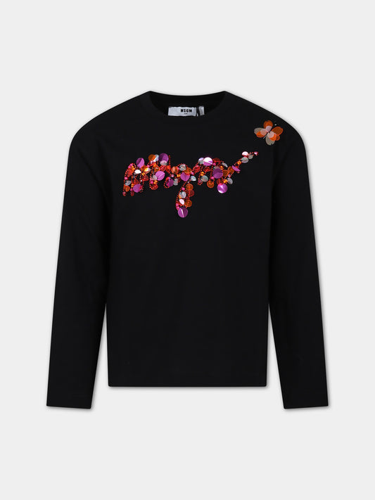 T-shirt nera per bambina con logo e paillettes,Msgm Kids,F3MSJGTH062 110