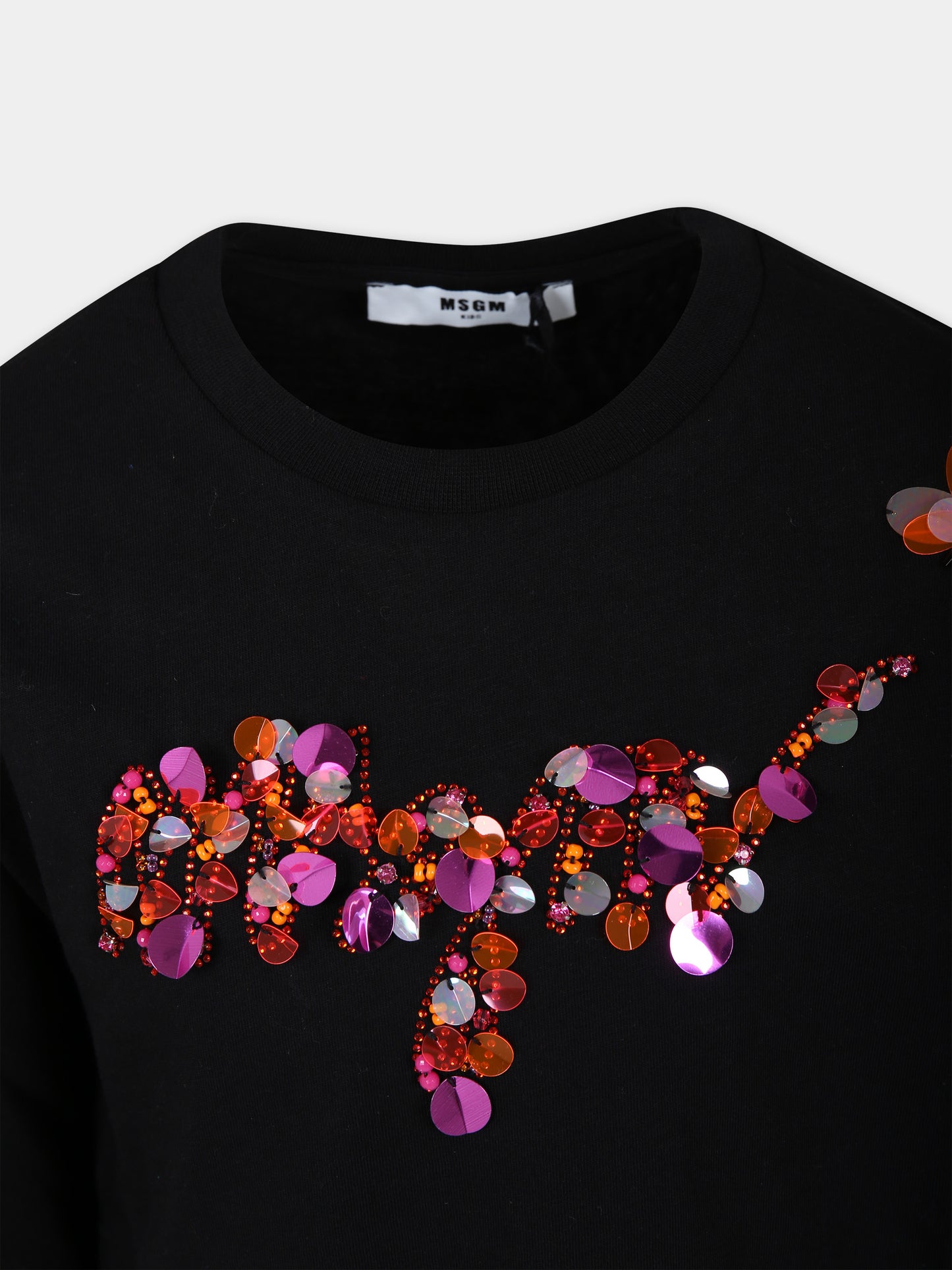 T-shirt nera per bambina con logo e paillettes,Msgm Kids,F3MSJGTH062 110