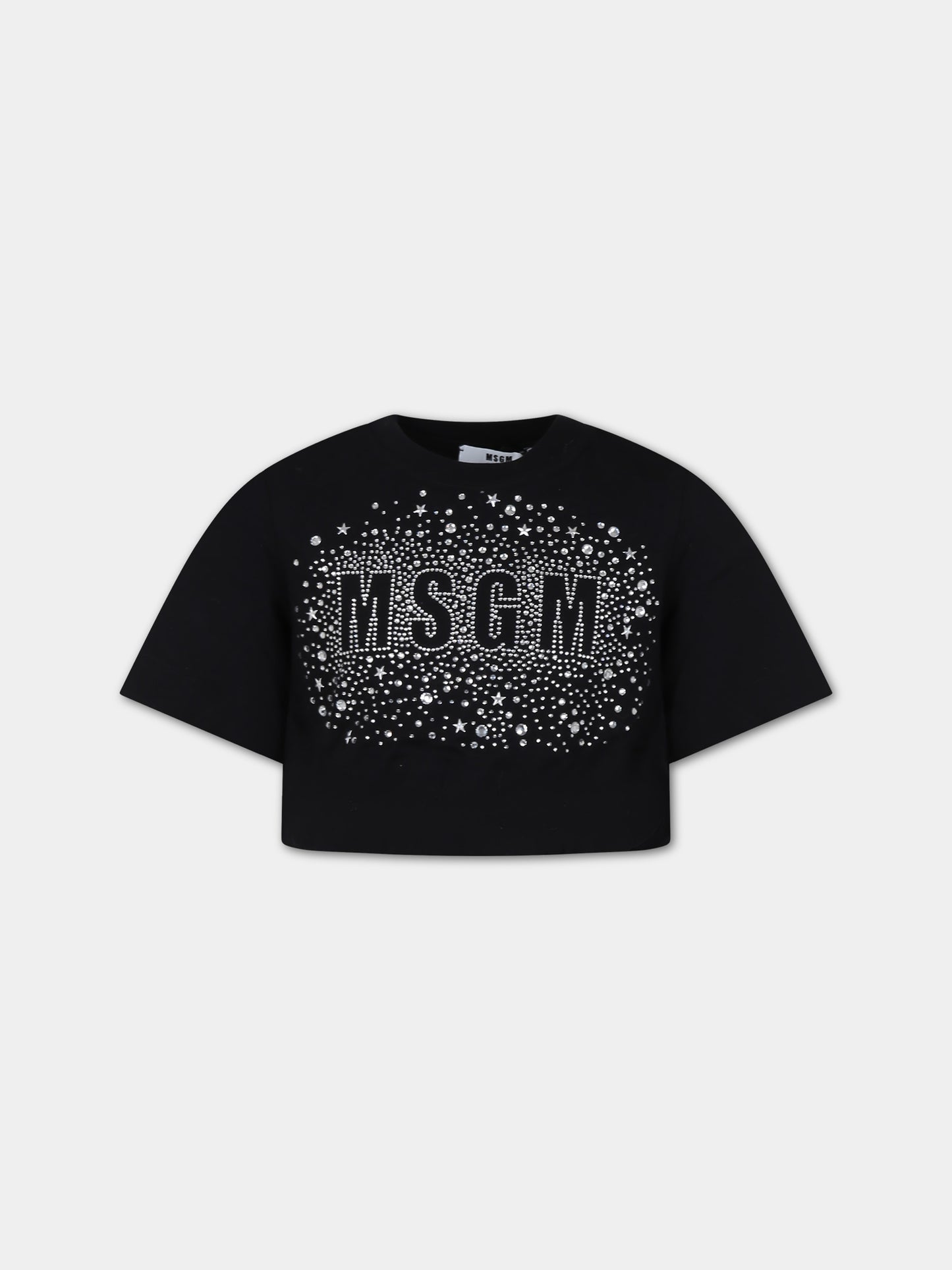 T-shirt nera per bambina con logo e stelle,Msgm Kids,F3MSJGTH136 110